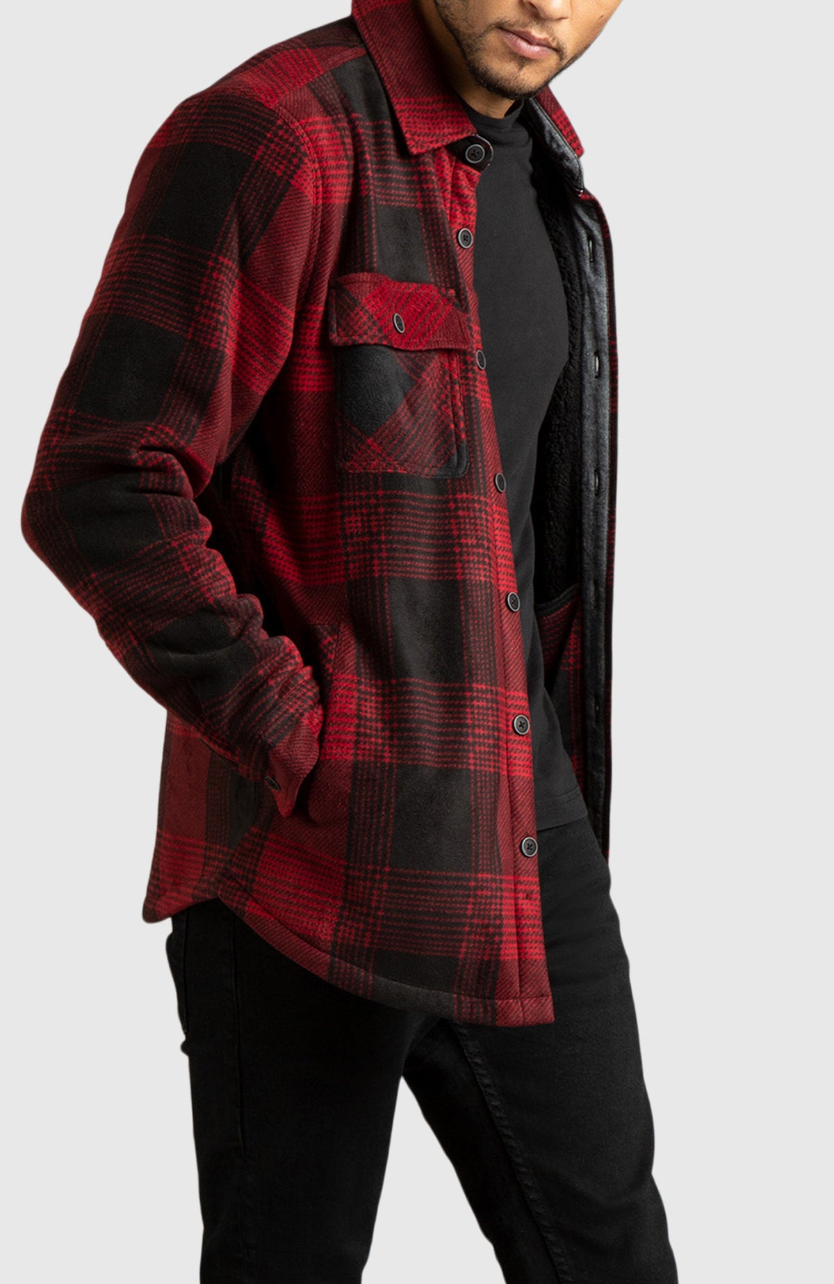 Red & Black Polar Fleece Shirt Jacket for Men - Side