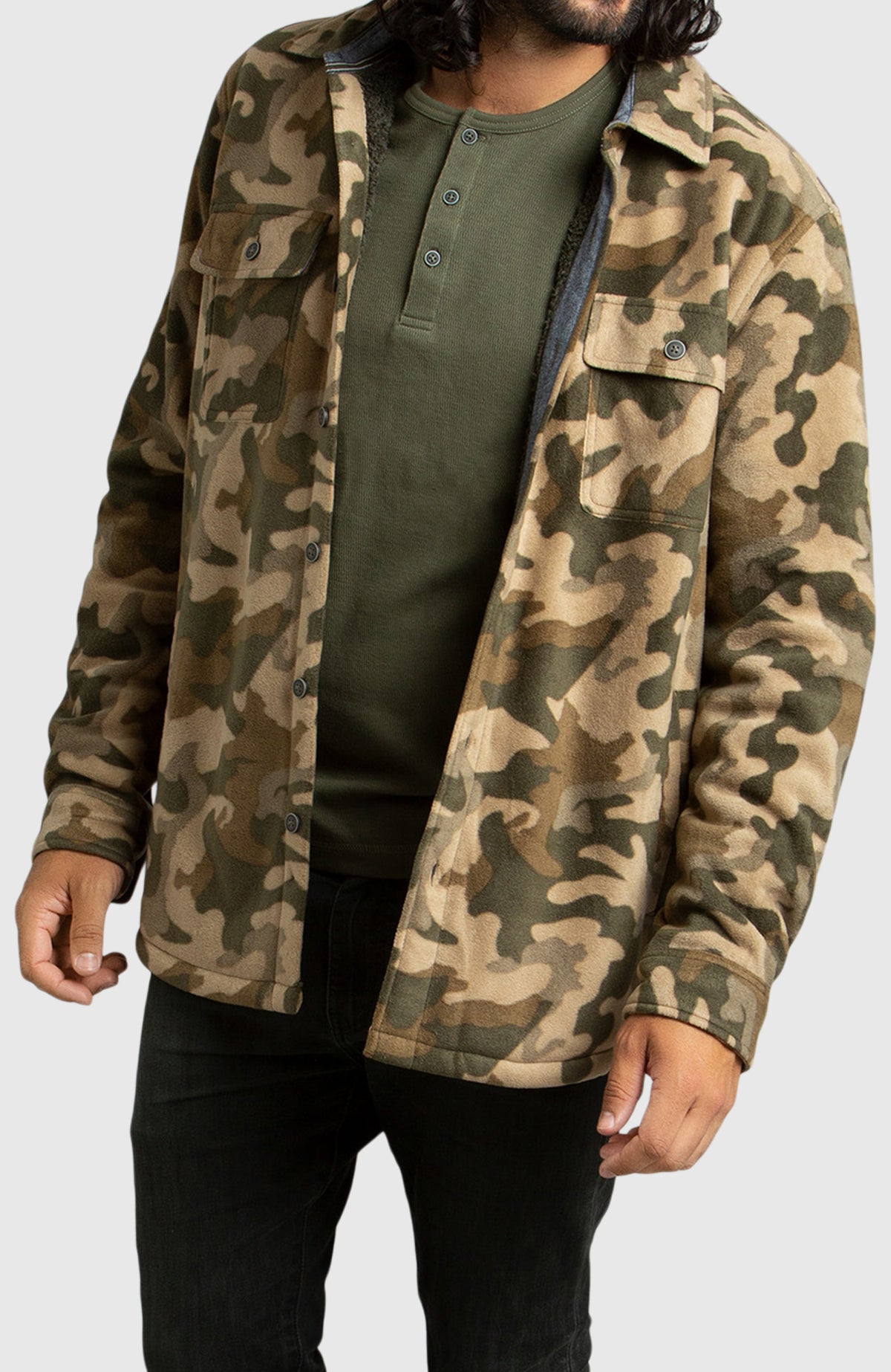 Army Green Polar Fleece Shirt Jacket for Men - Front