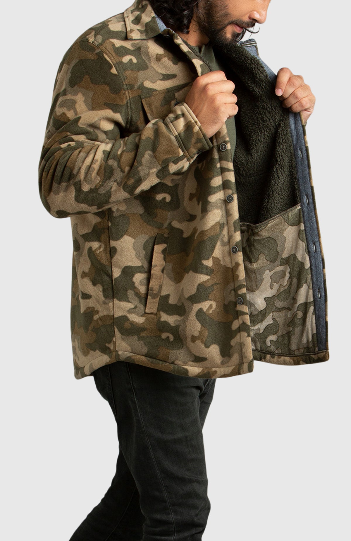 Army Green Polar Fleece Shirt Jacket for Men - Side