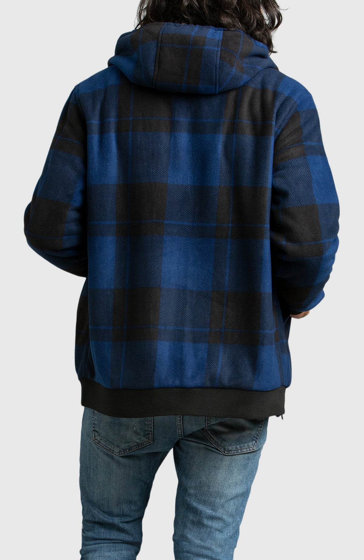 Blue Polar Fleece Hooded Bomber Jacket for Men - Back