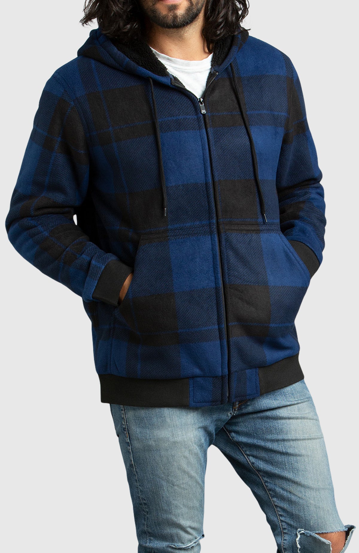 Blue Polar Fleece Hooded Bomber Jacket for Men - Front