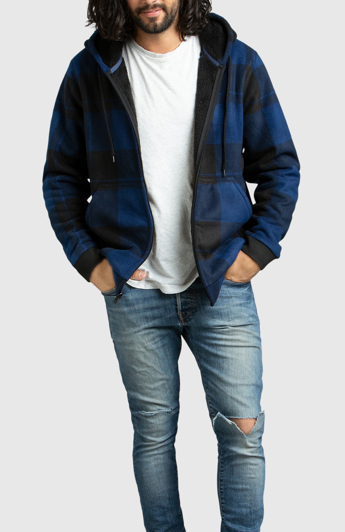 Blue Polar Fleece Hooded Bomber Jacket for Men - Full