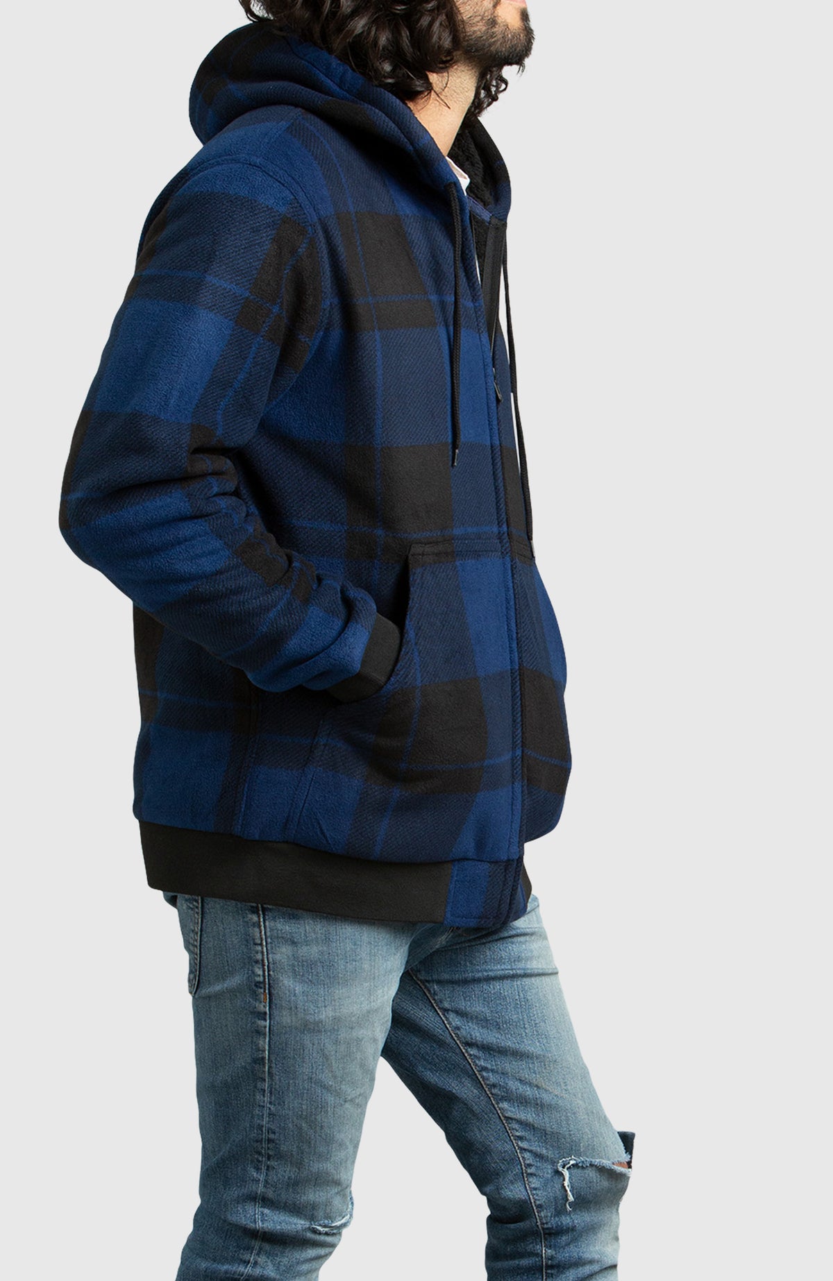 Blue Polar Fleece Hooded Bomber Jacket for Men - Side