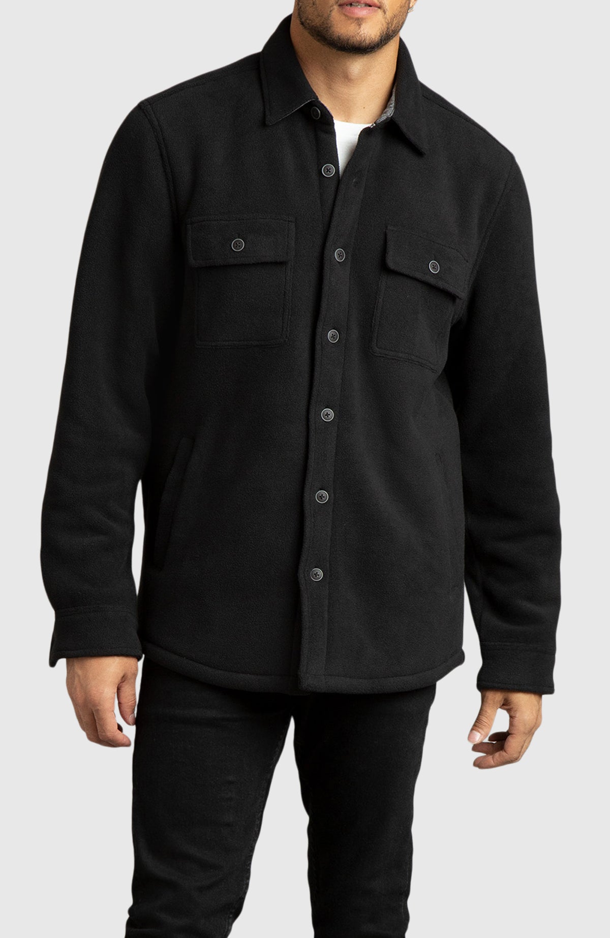 Black Polar Fleece Shirt Jacket for Men - Front