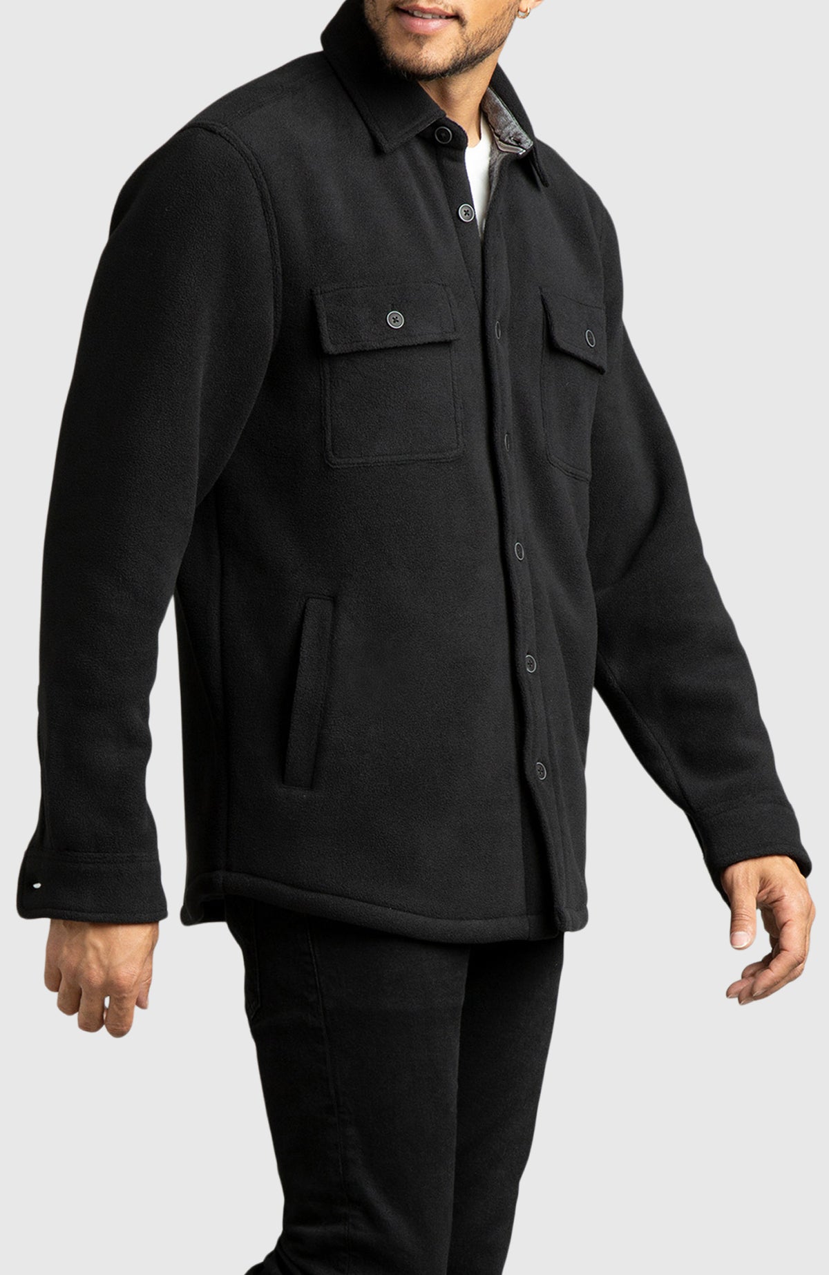 Black Polar Fleece Shirt Jacket for Men - Side