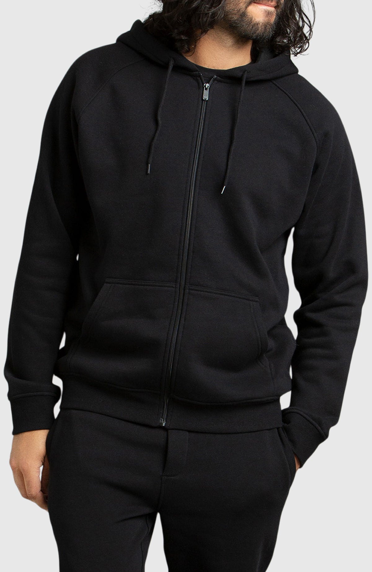 Black Front Zip Fleece Hoodie for Men - Front