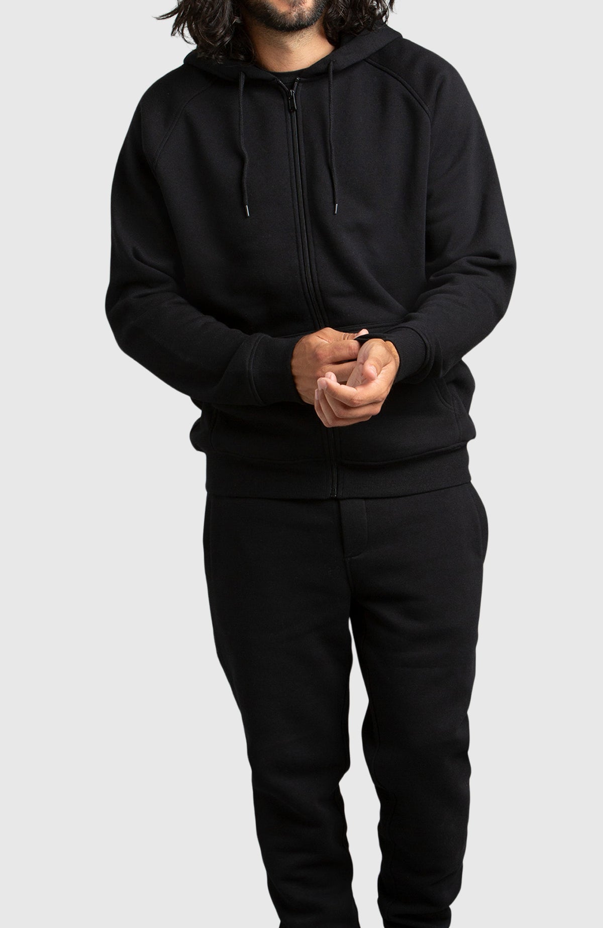 Black Front Zip Fleece Hoodie for Men - Full