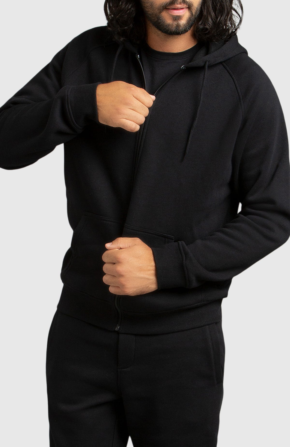 Black Front Zip Fleece Hoodie for Men - Side