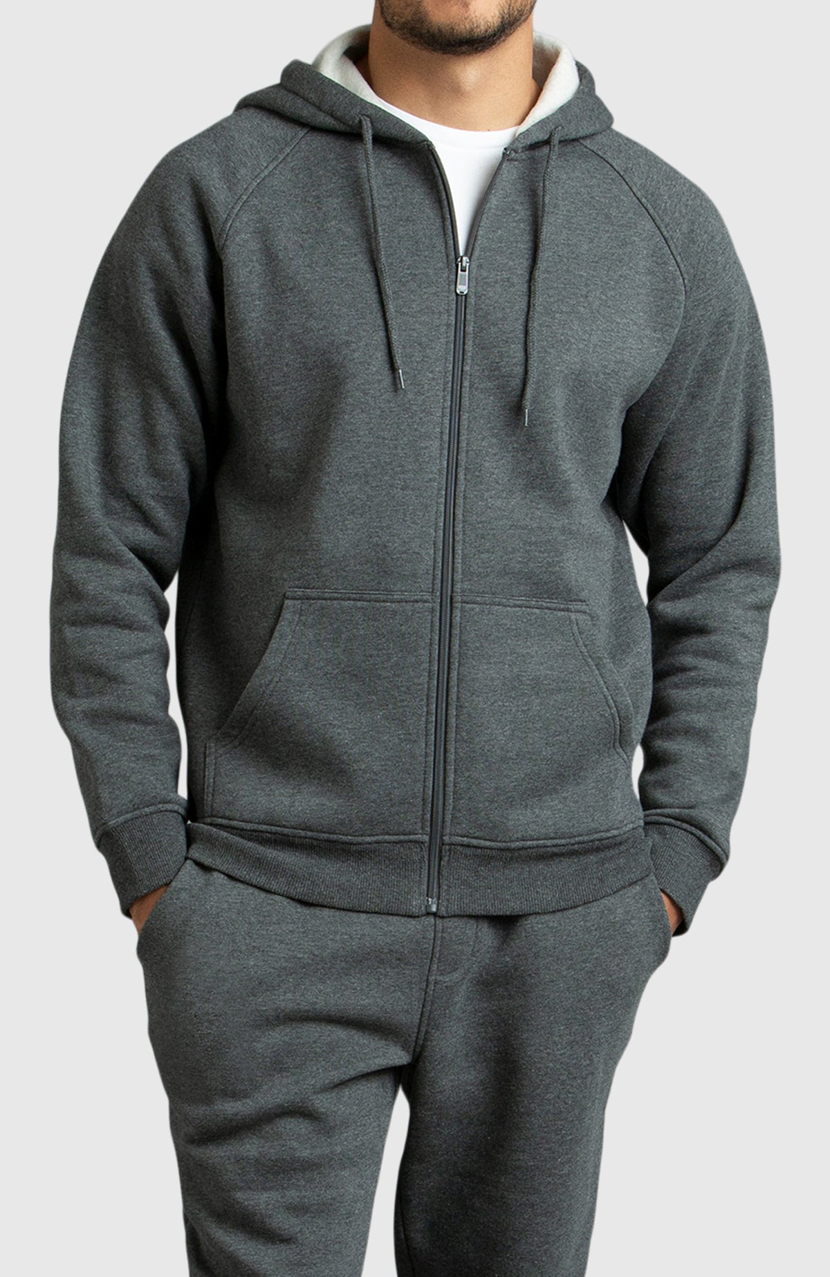 Heather Grey Front Zip Fleece Hoodie for Men - Front 