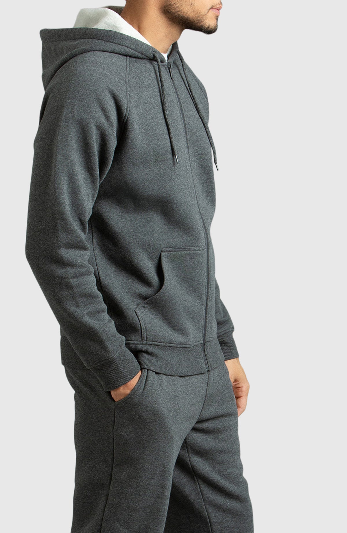 Heather Grey Front Zip Fleece Hoodie for Men - Side