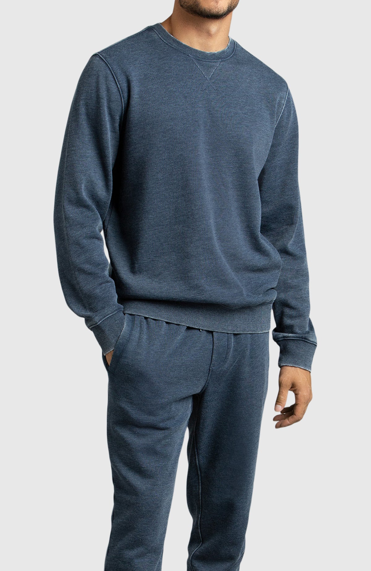 Navy Blue Fleece Crewneck Sweatshirt for Men - Full