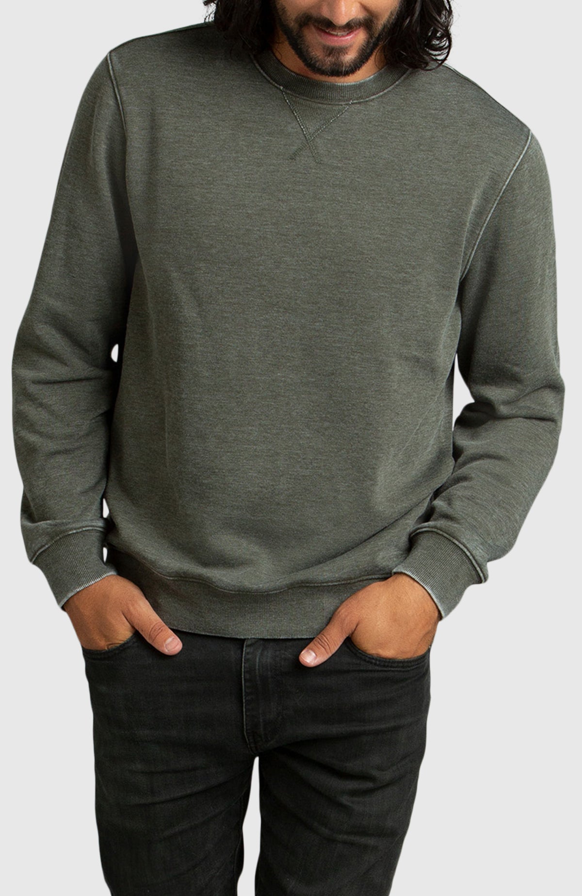 Army Green Fleece Crewneck Sweatshirt for Men - Front