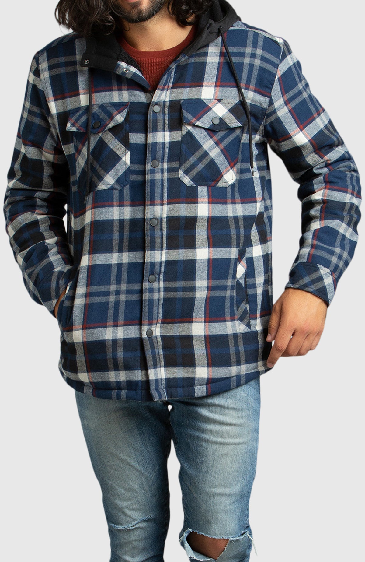 Blue Hooded Flannel Shirt Jacket for Men - Front