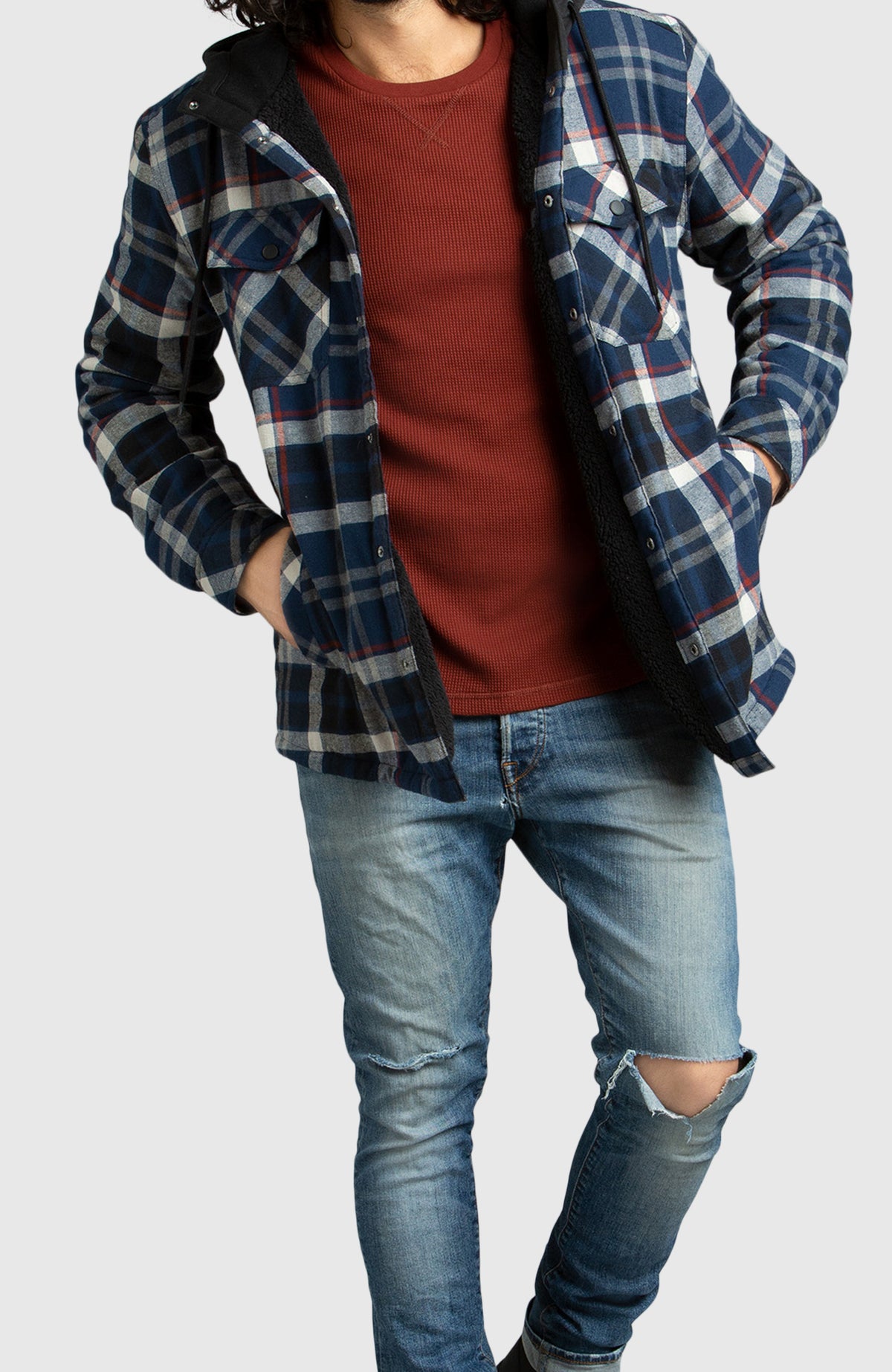 Blue Hooded Flannel Shirt Jacket for Men - Full