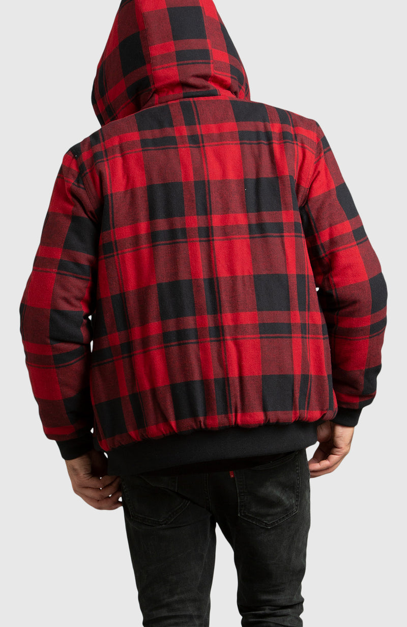 Red Hooded Flannel Bomber Jacket for Men - Back