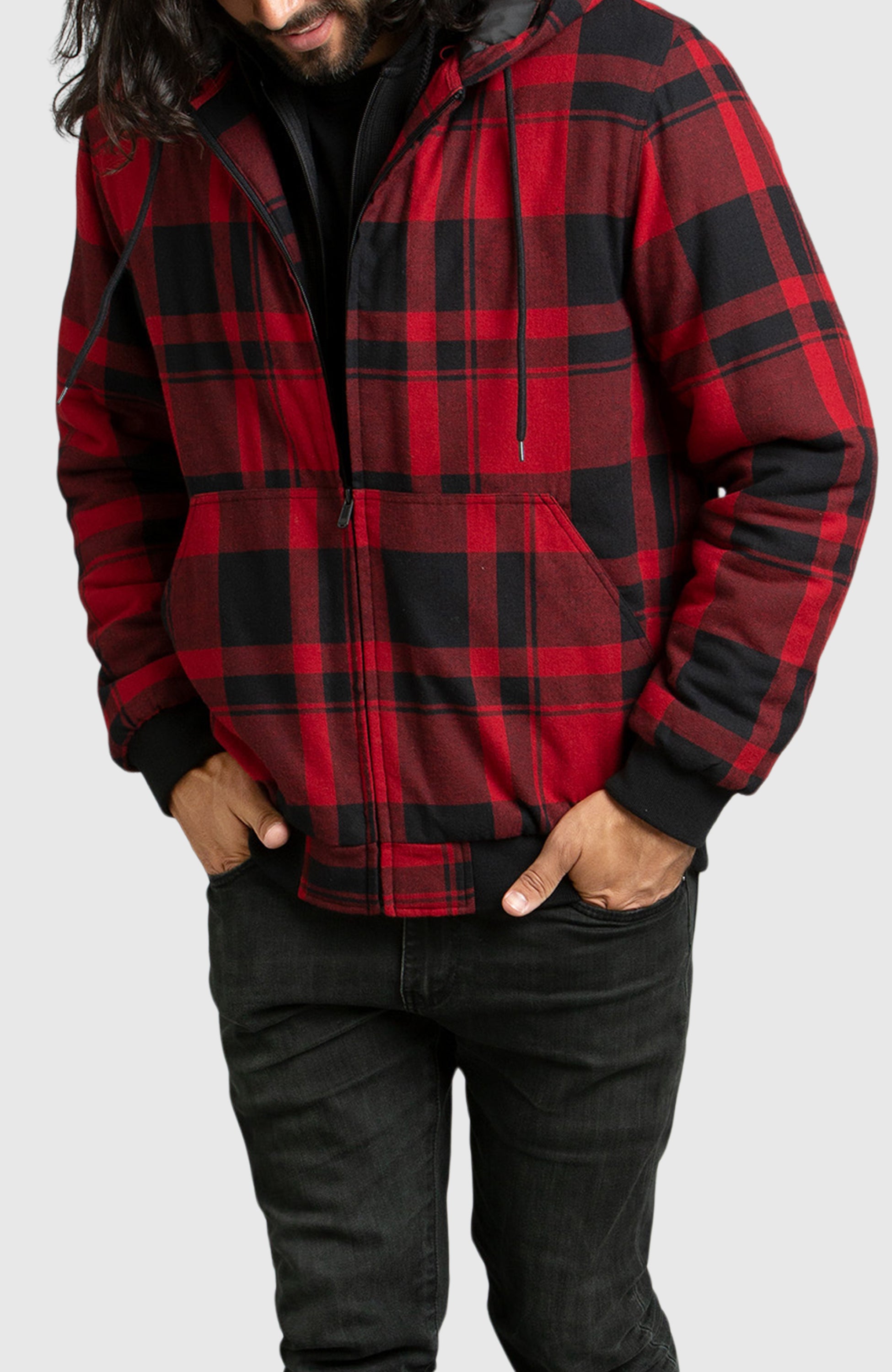 Red Hooded Flannel Bomber Jacket for Men Boston Traders L Chili Red 2 Plaid