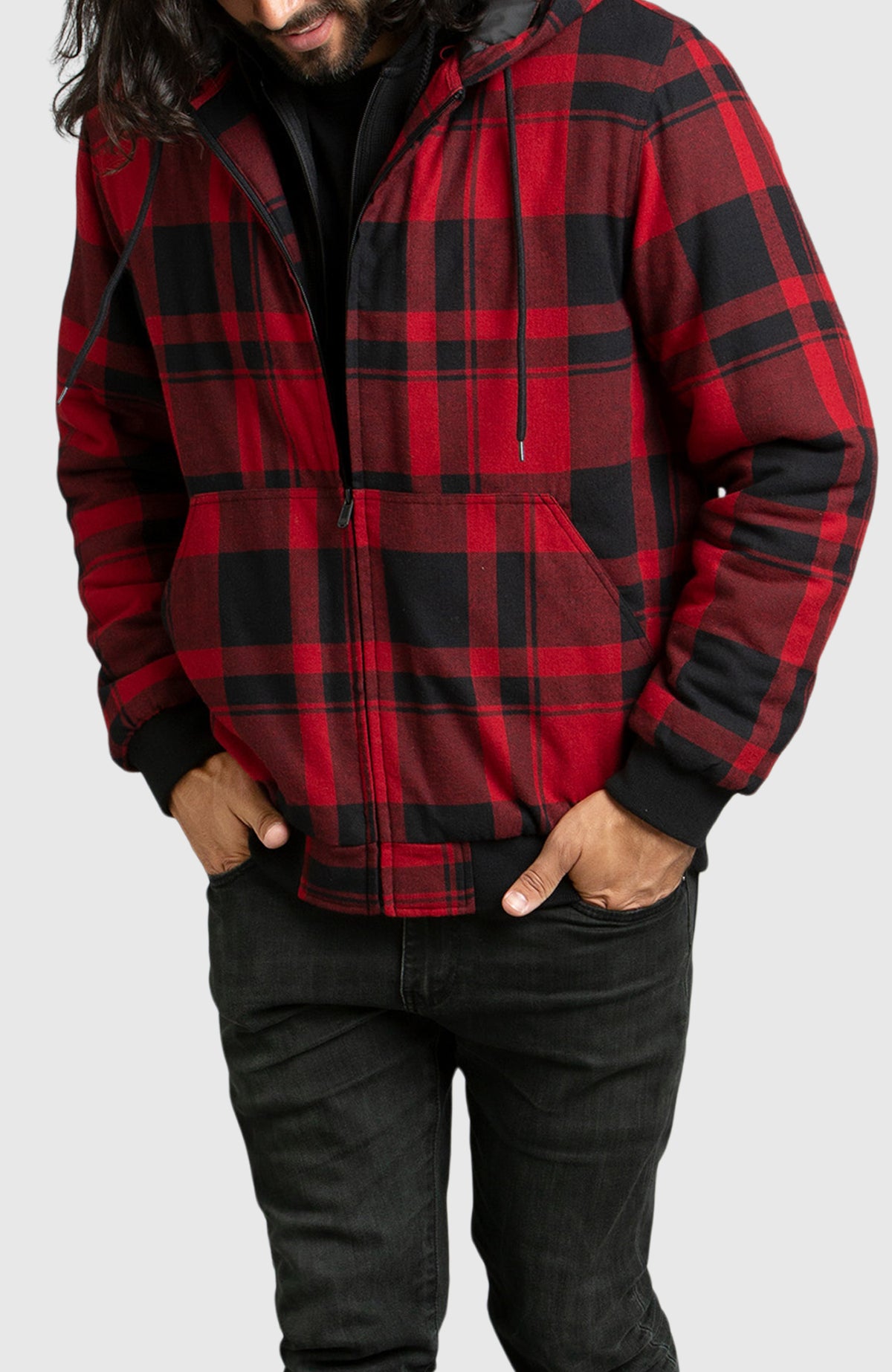 Red Hooded Flannel Bomber Jacket for Men - Front