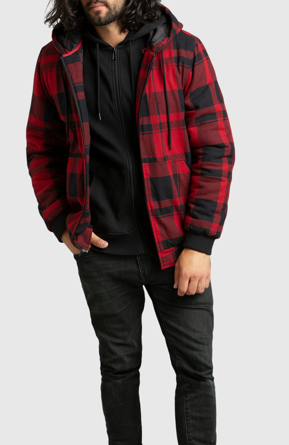 Red Hooded Flannel Bomber Jacket for Men - Full