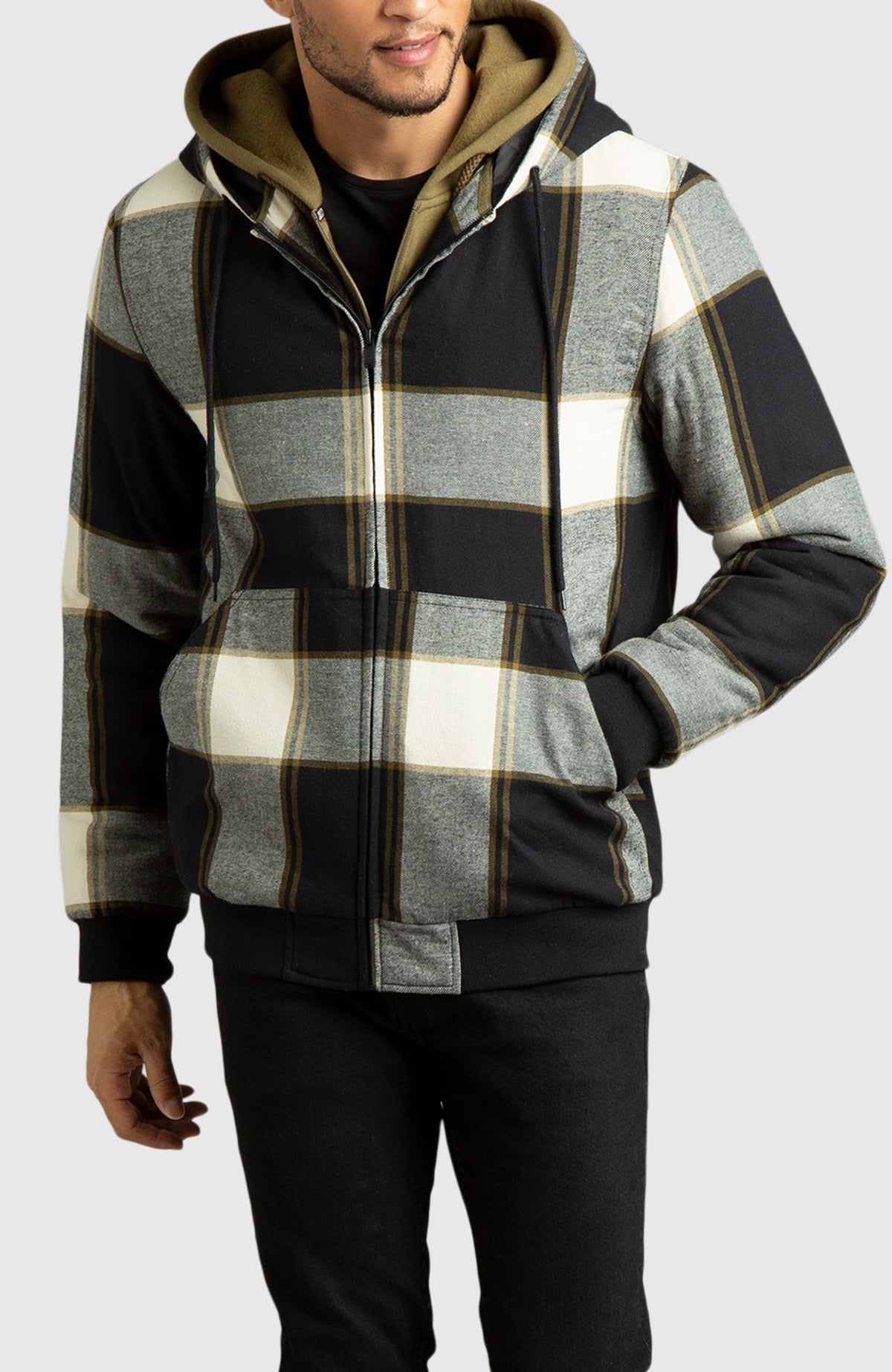 Oatmeal Hooded Flannel Bomber Jacket for Men - Front 