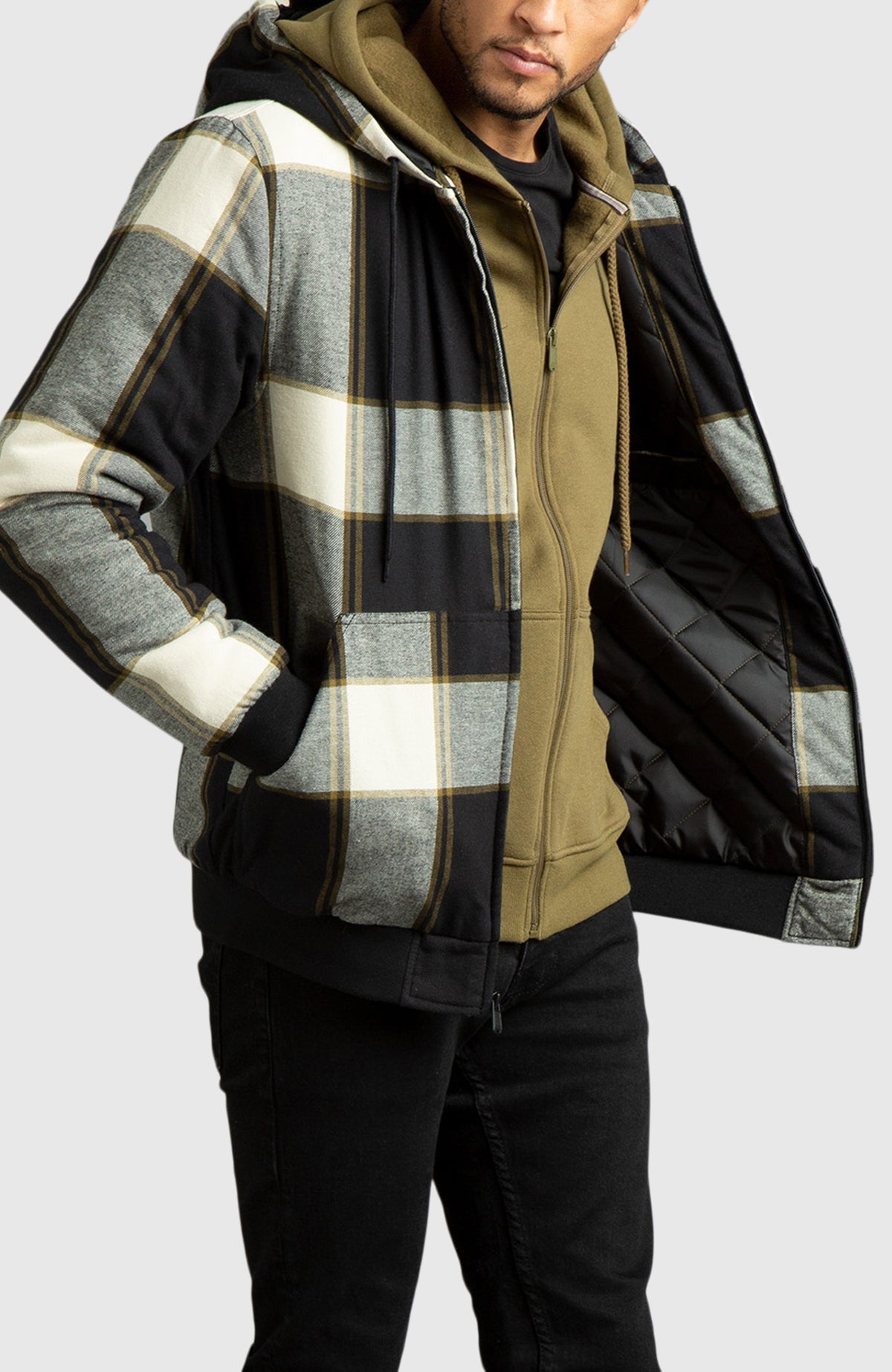 Oatmeal Hooded Flannel Bomber Jacket for Men - Side