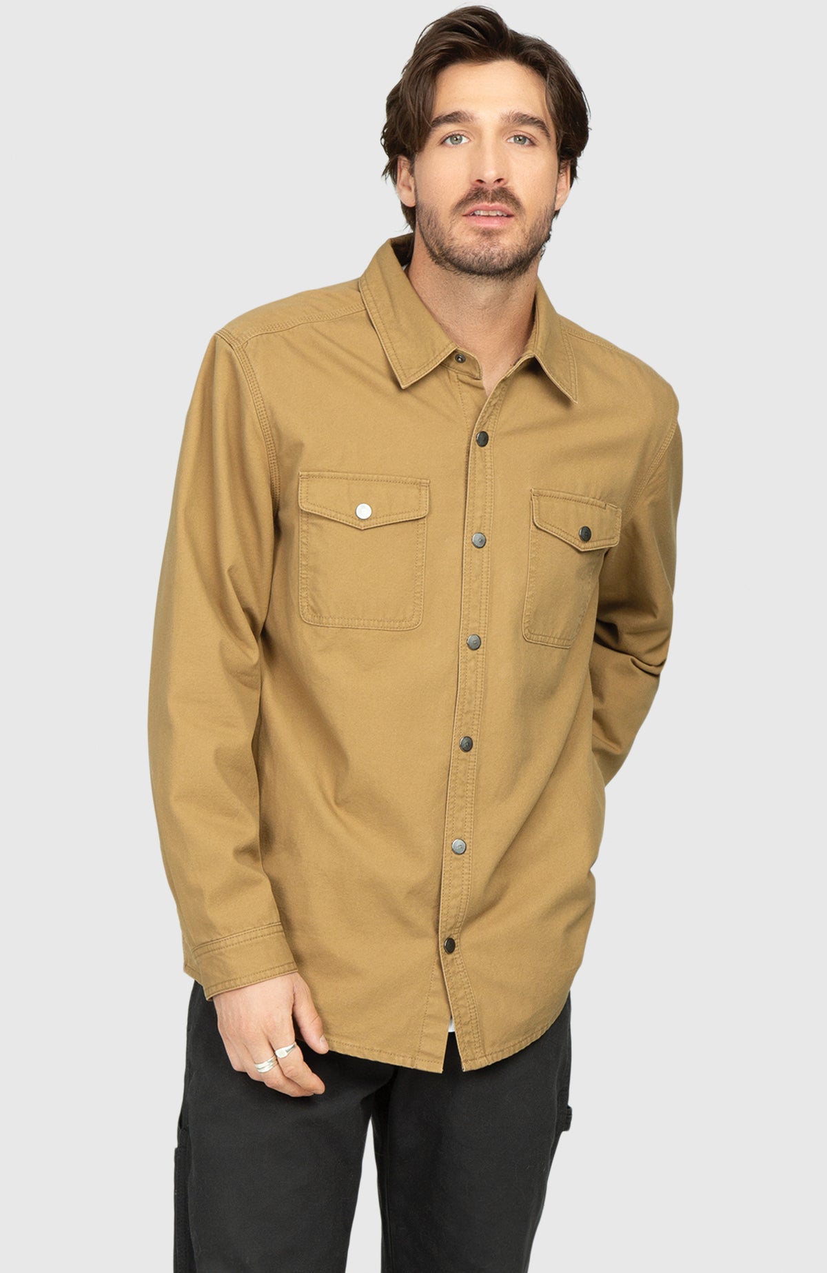 Camel Canvas Shirt Jacket - Front Buttoned Up