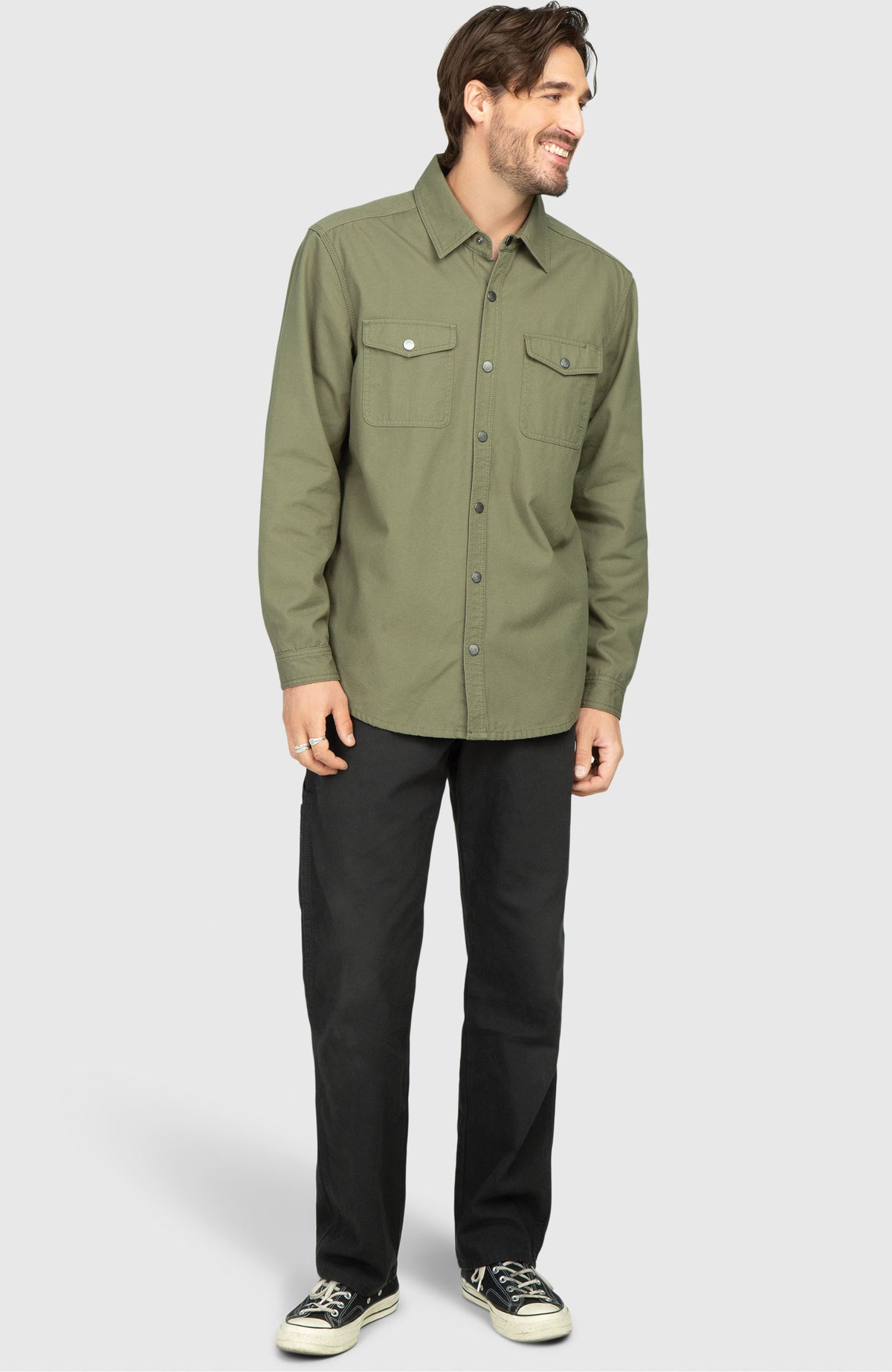 Sage Green Canvas Shirt Jacket - Full Length