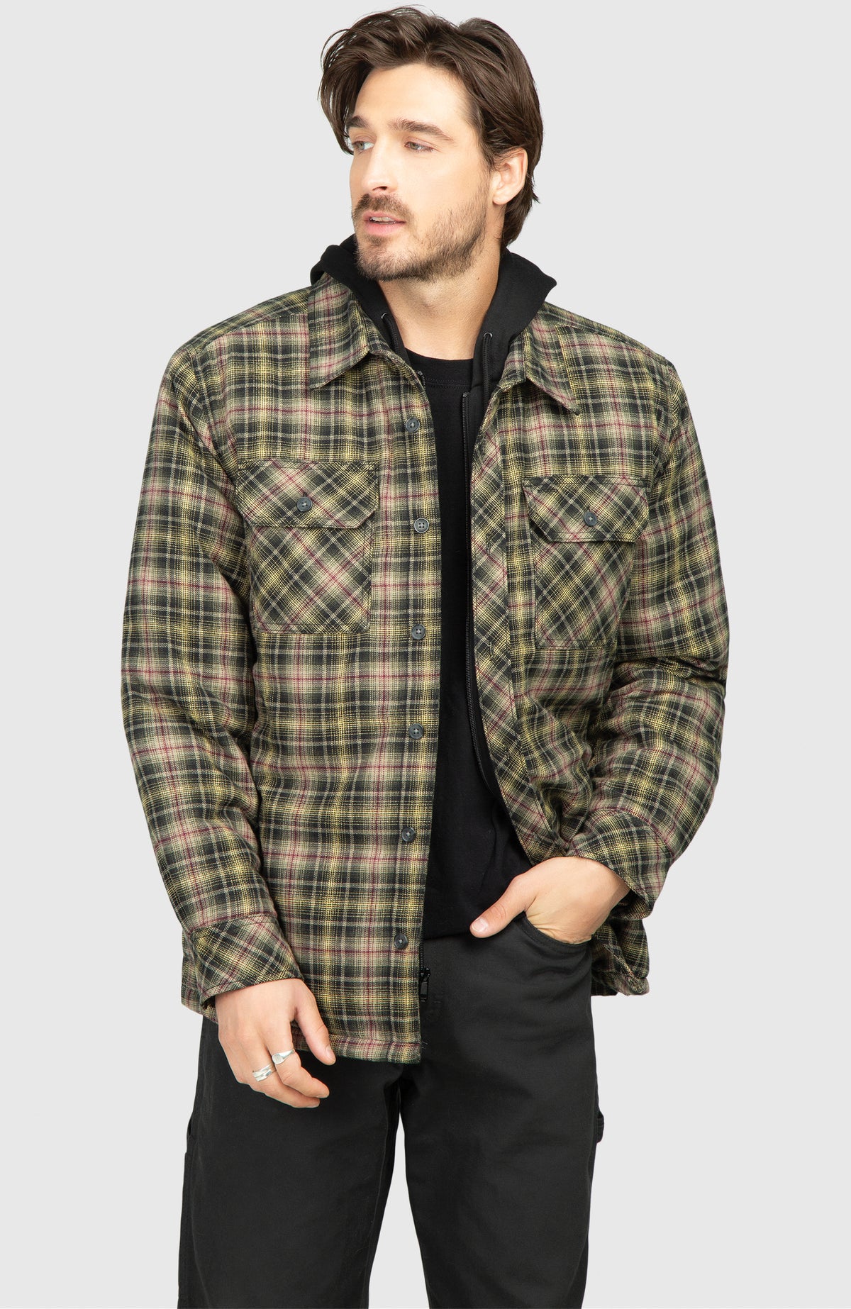 Black Pine Hooded Flannel Shirt Jacket - Front