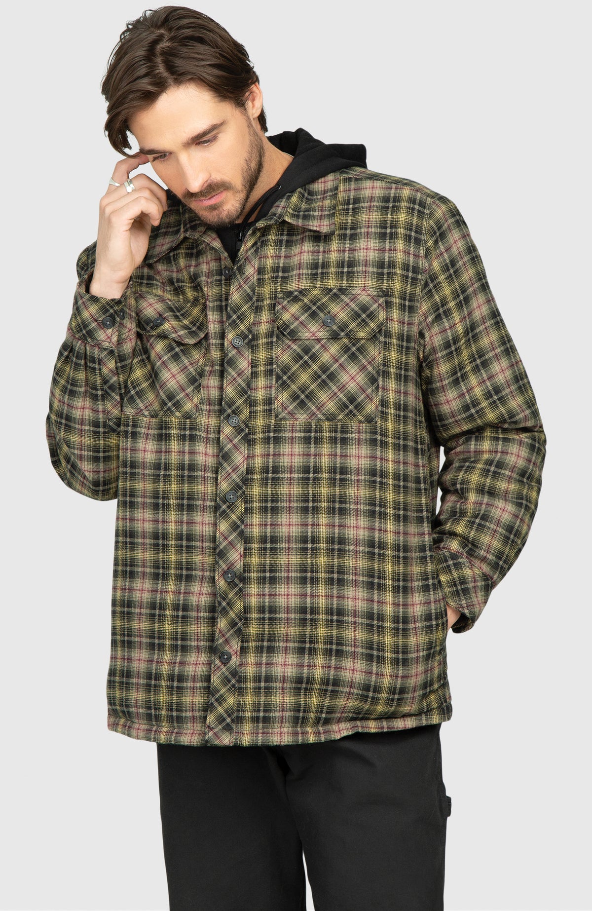 Black Pine Hooded Flannel Shirt Jacket - Front Buttoned Up