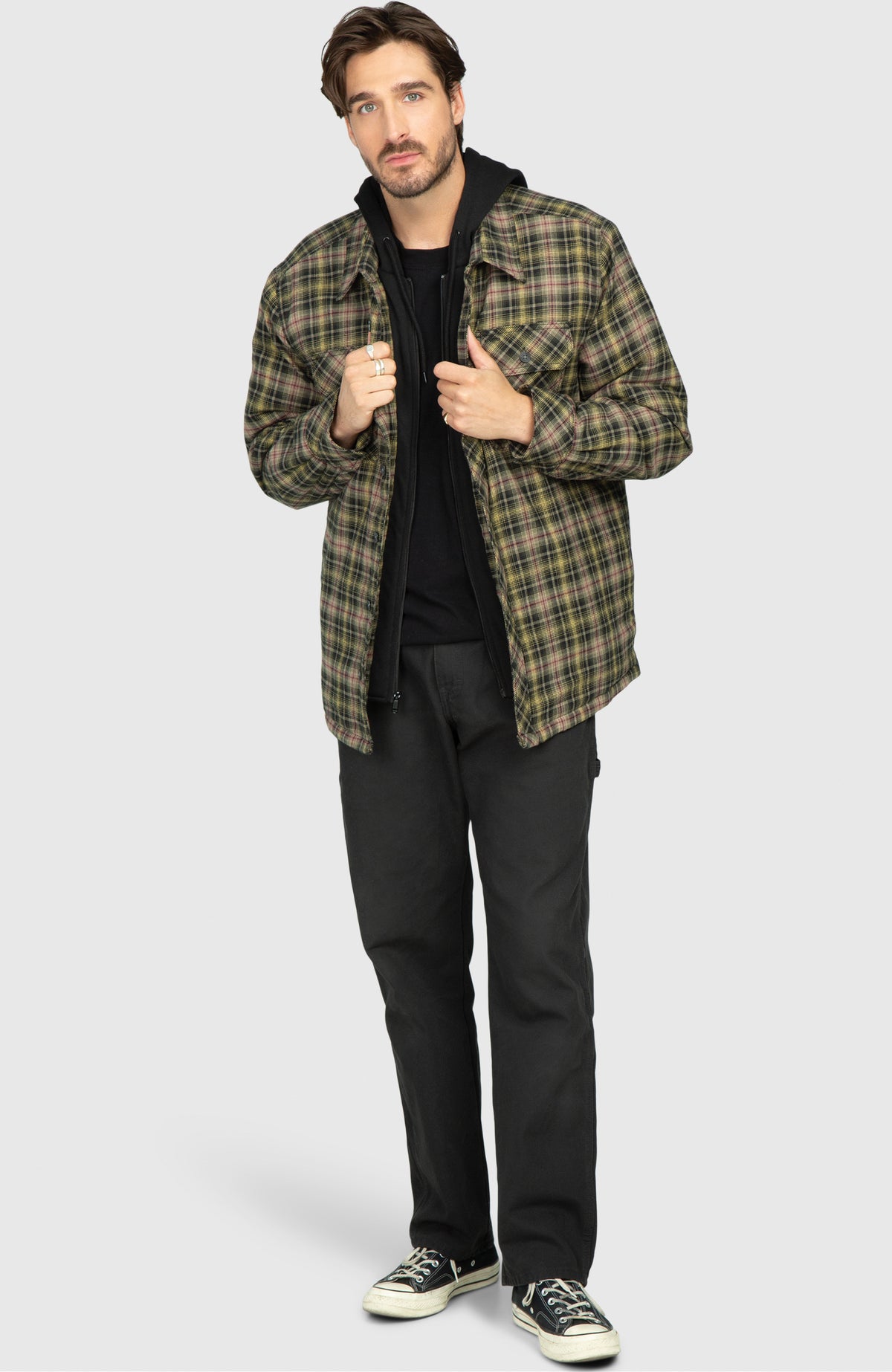 Black Pine Hooded Flannel Shirt Jacket - Full Length