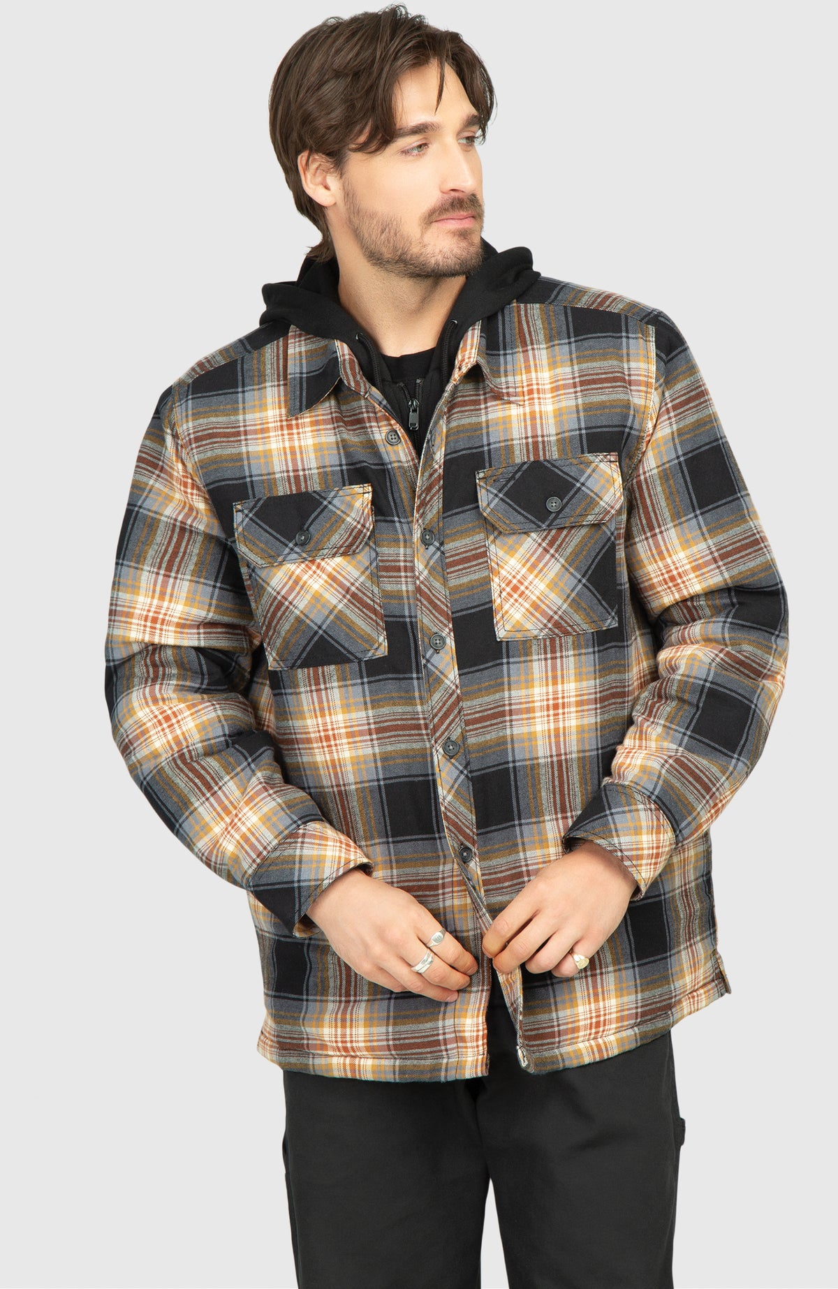 Chestnut Hooded Flannel Shirt Jacket - Front Buttoned Up