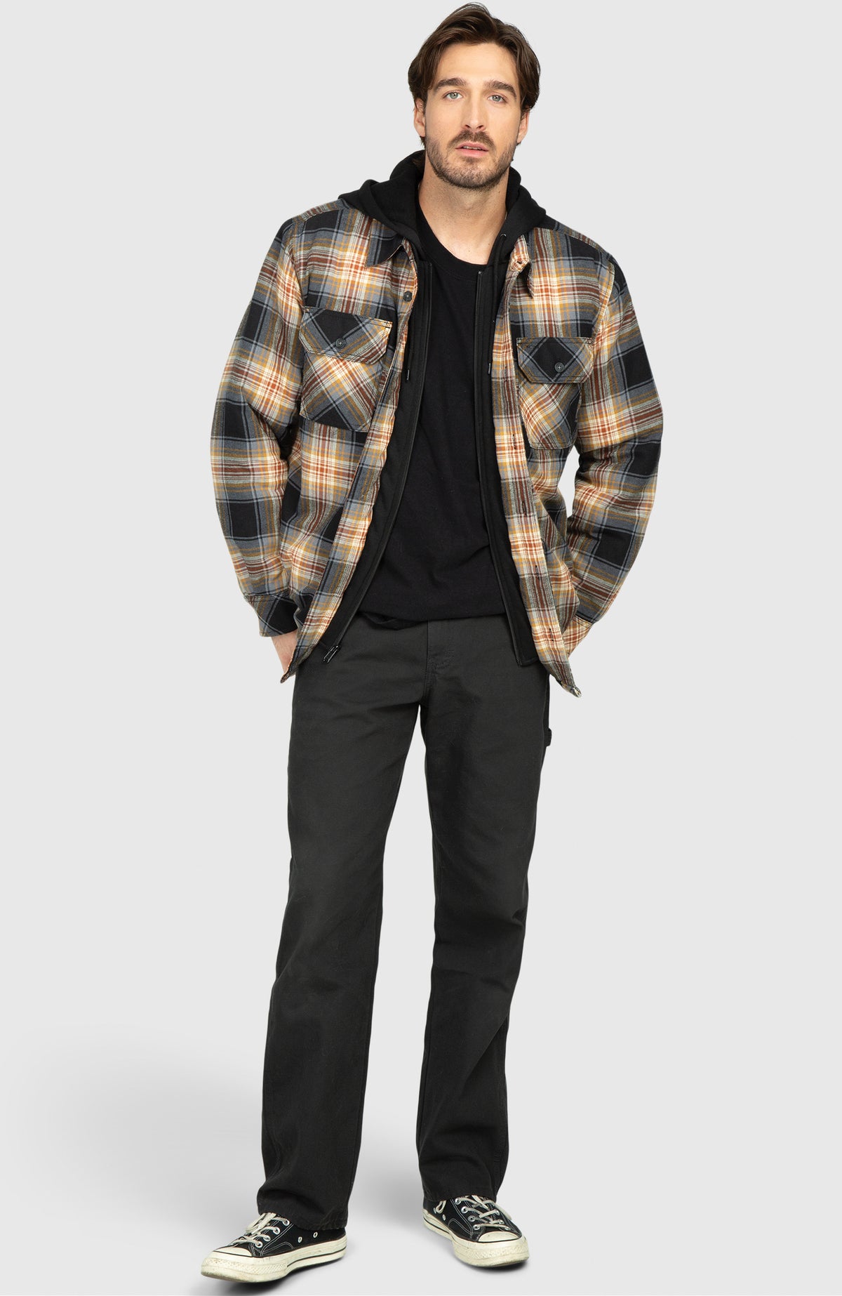 Chestnut Hooded Flannel Shirt Jacket - Full Length