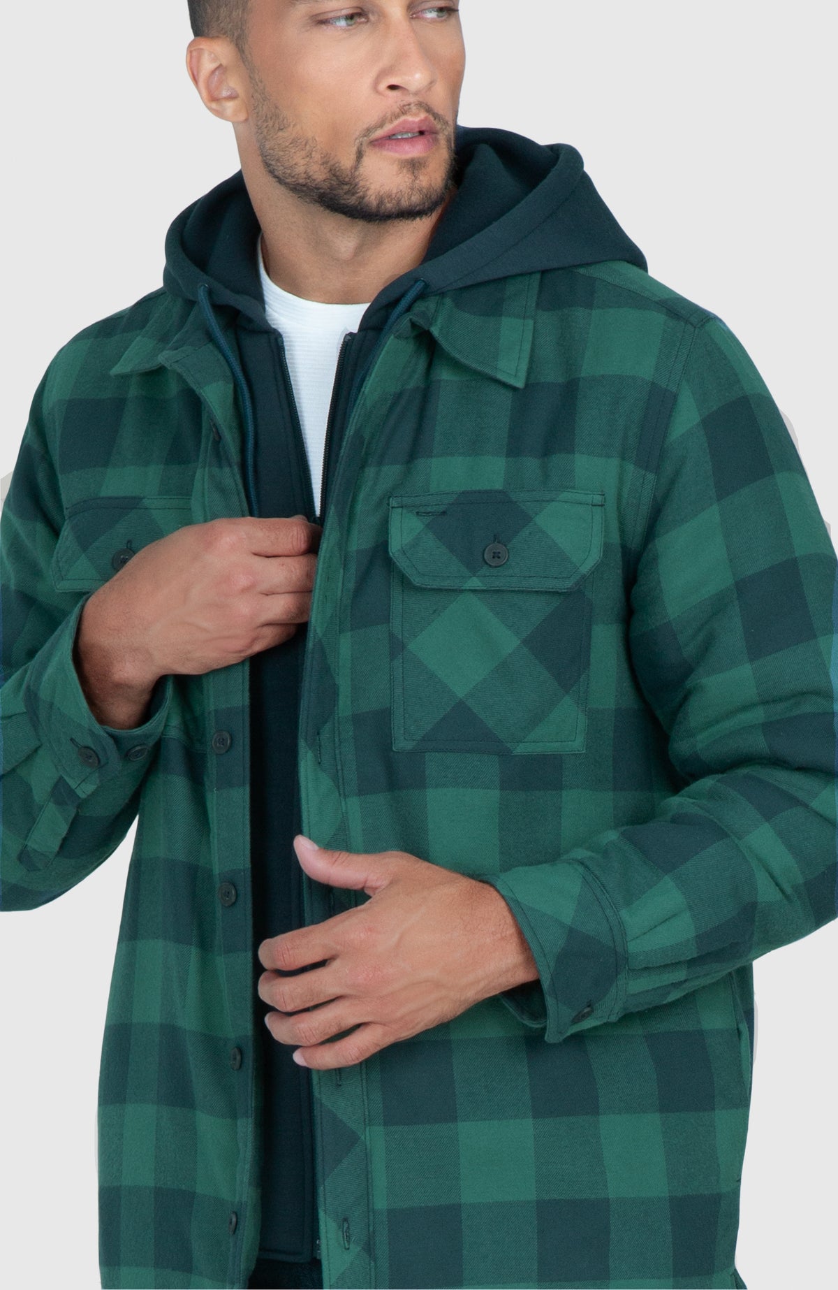 Sea Green Hooded Flannel Shirt Jacket - Close Up