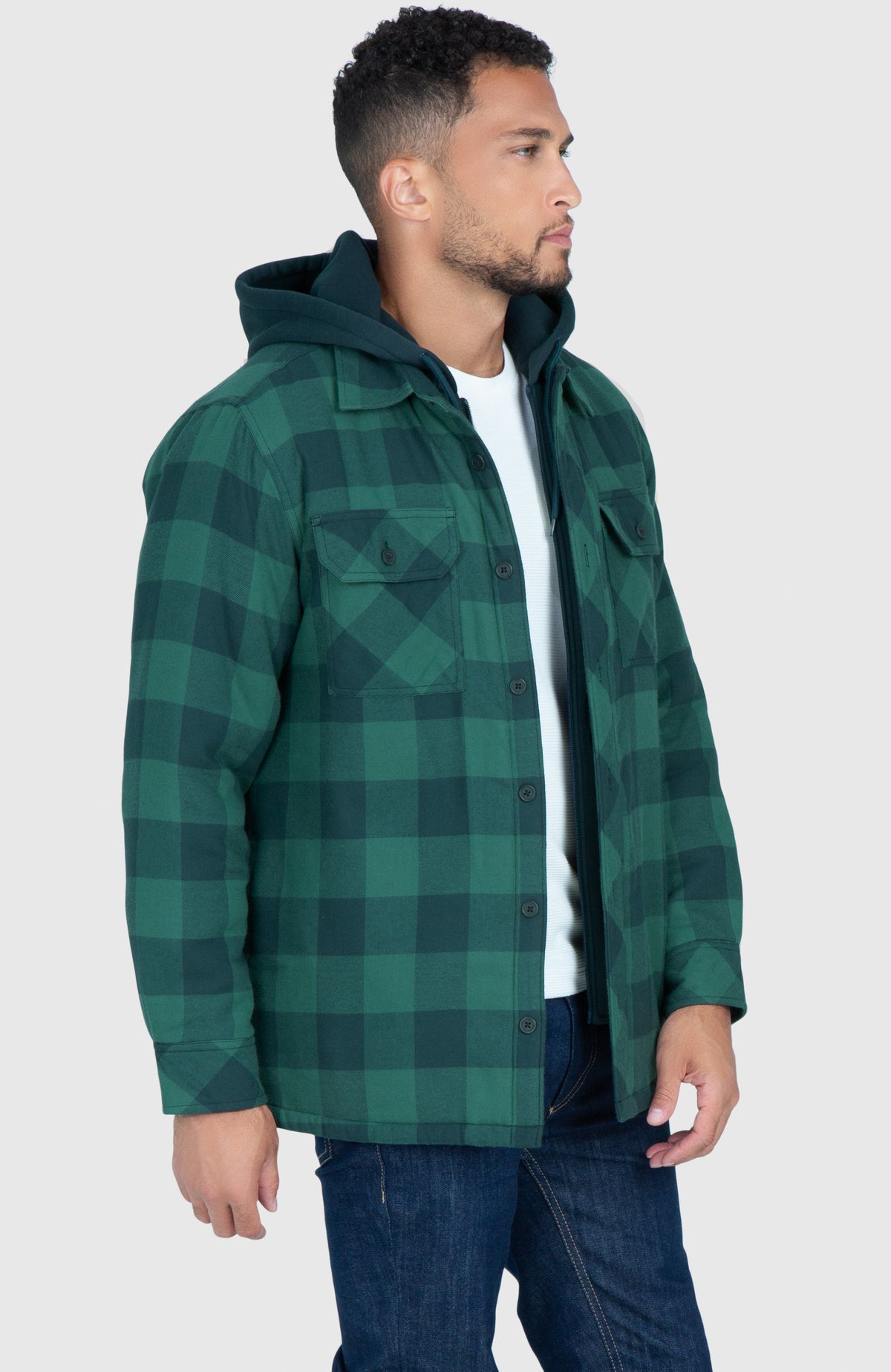 Sea Green Hooded Flannel Shirt Jacket - Side