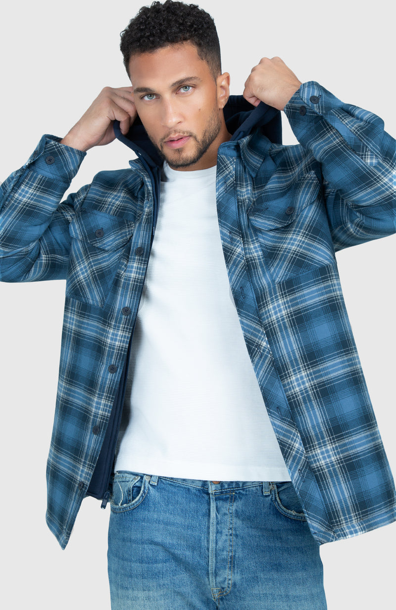 True Blue Hooded Flannel Shirt Jacket - Close Up