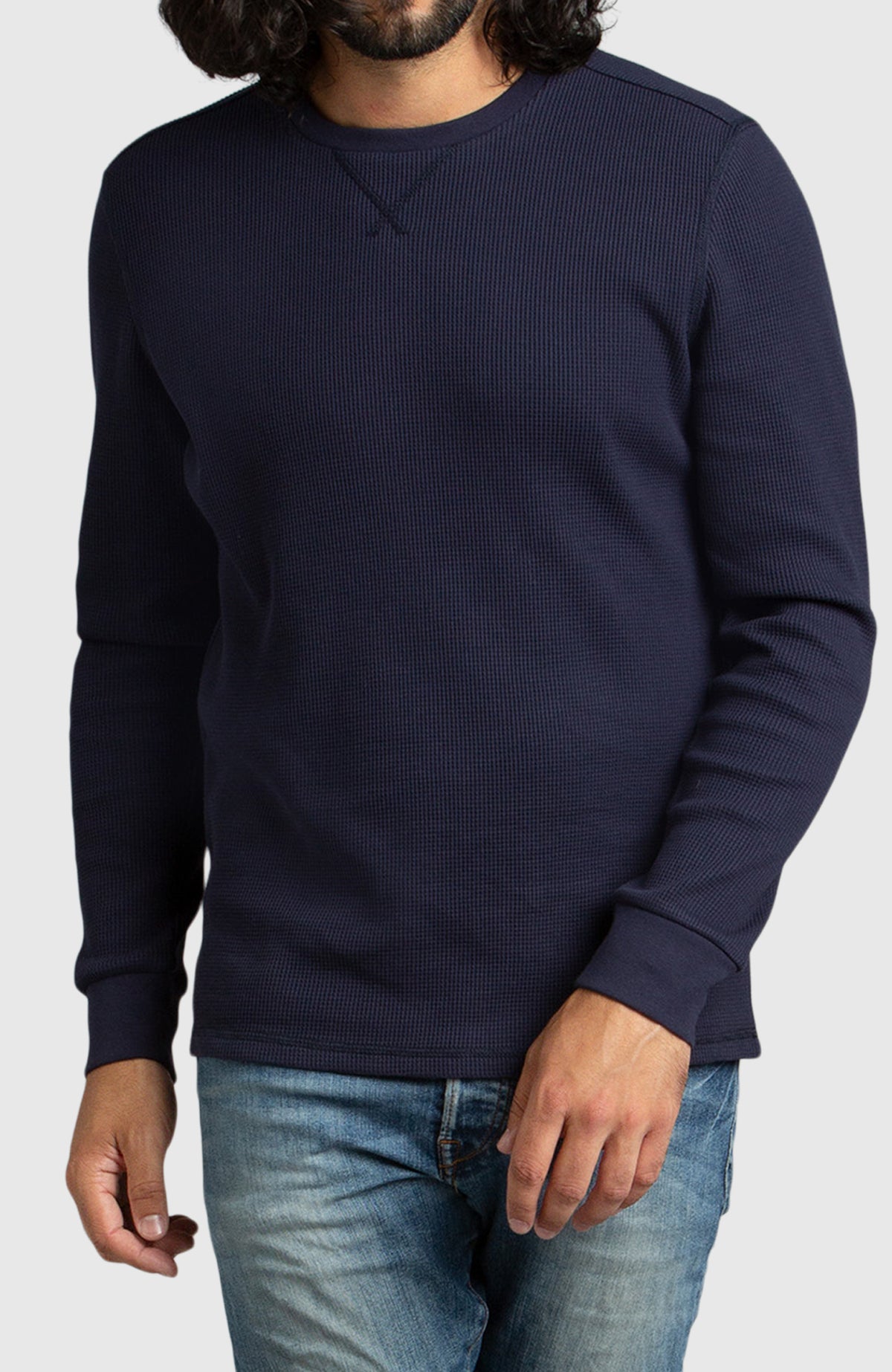 Navy Waffle Crewneck Sweater for Men - Front