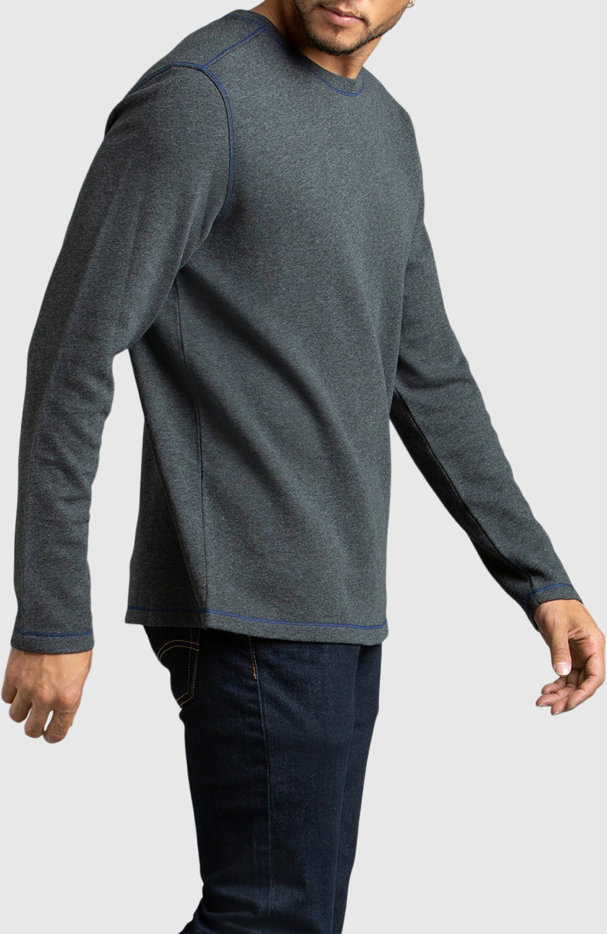 Dark Heather Grey Double Knit Crewneck Sweatshirt for Men - Side