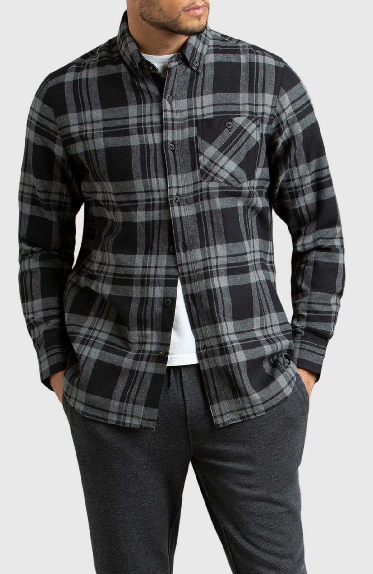 Grey & Black Plaid Flannel Shirt for Men - Front