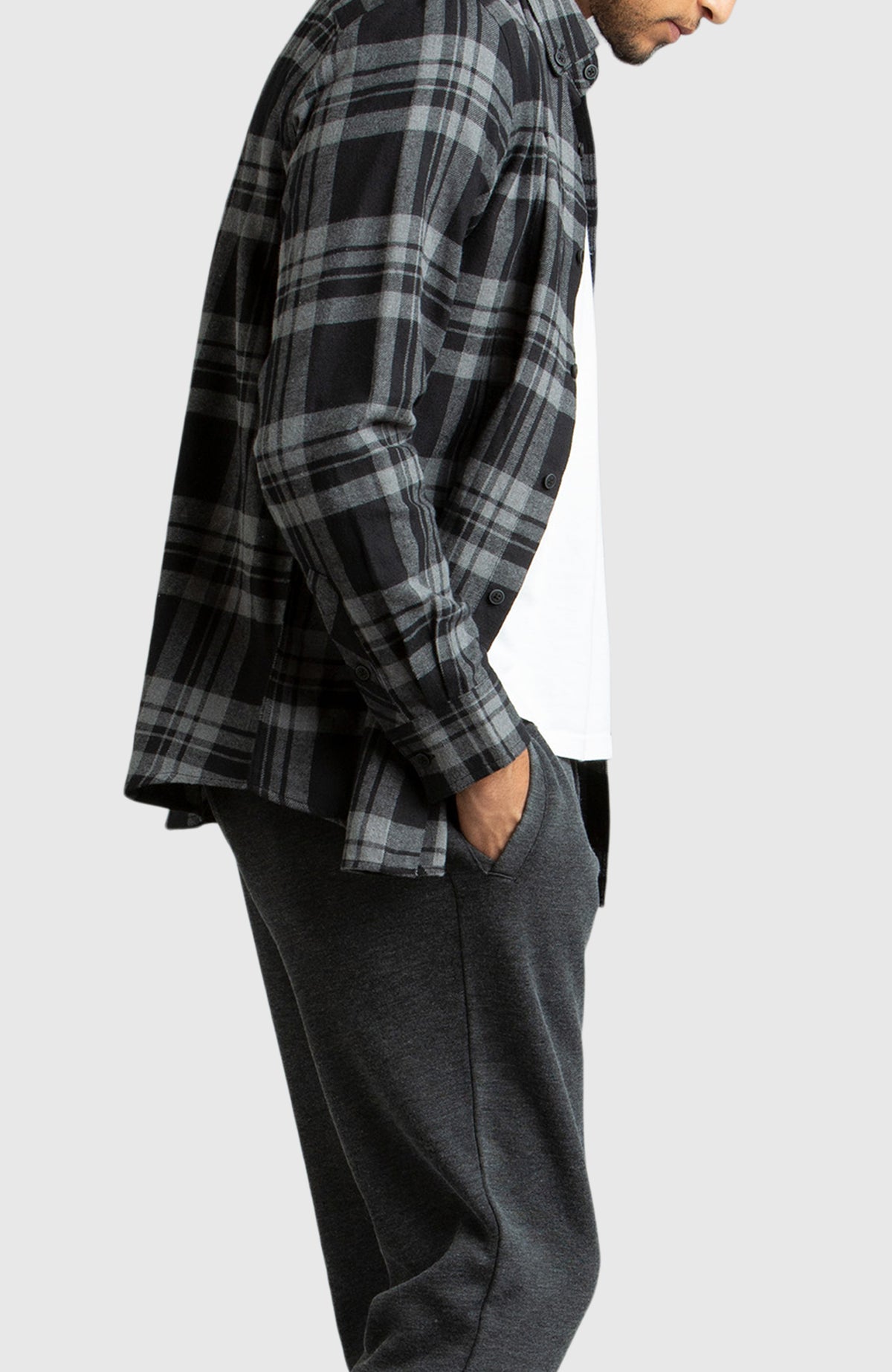 Grey & Black Plaid Flannel Shirt for Men - Side