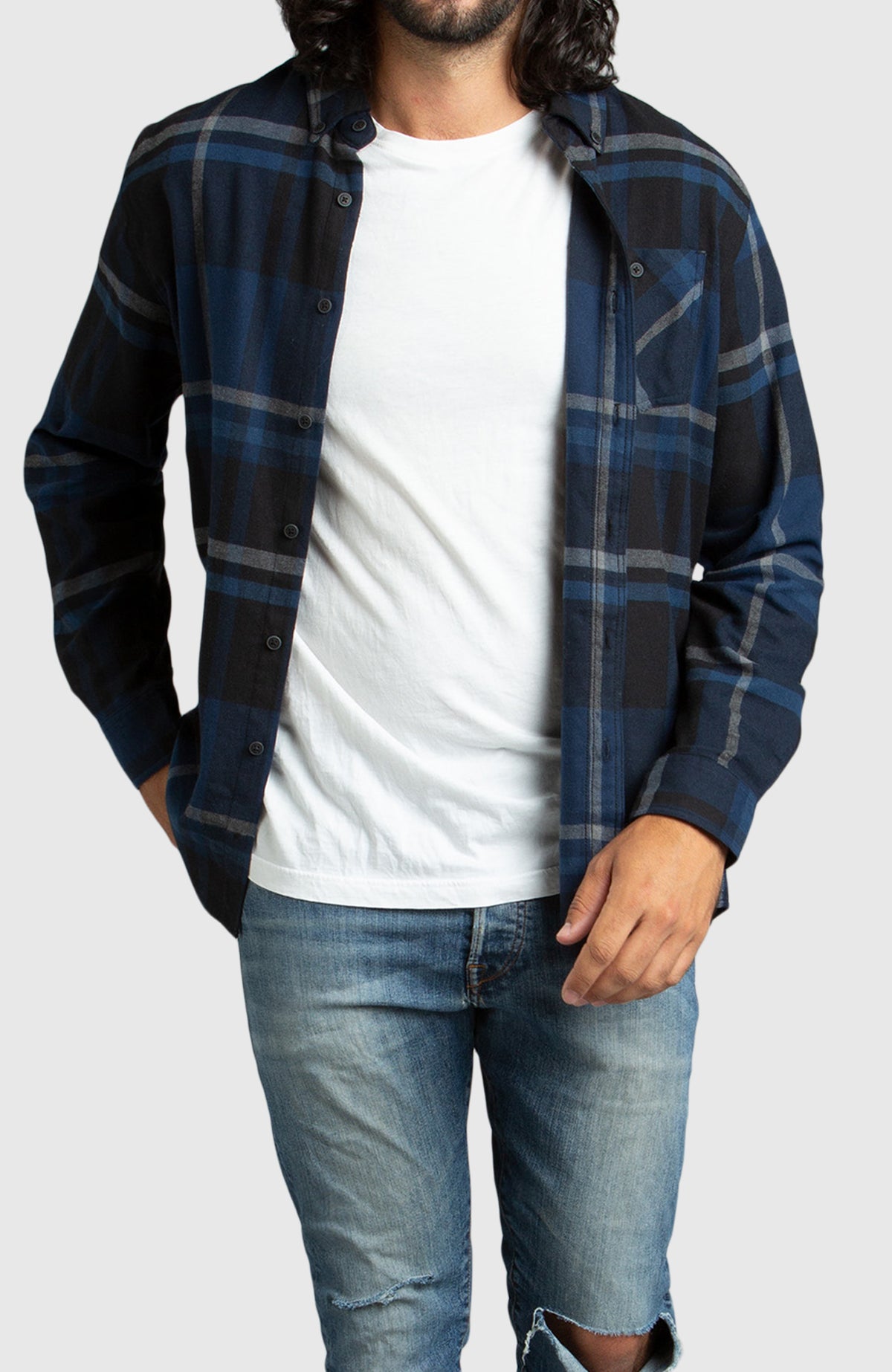 Blue & Black Plaid Flannel Shirt for Men - Front