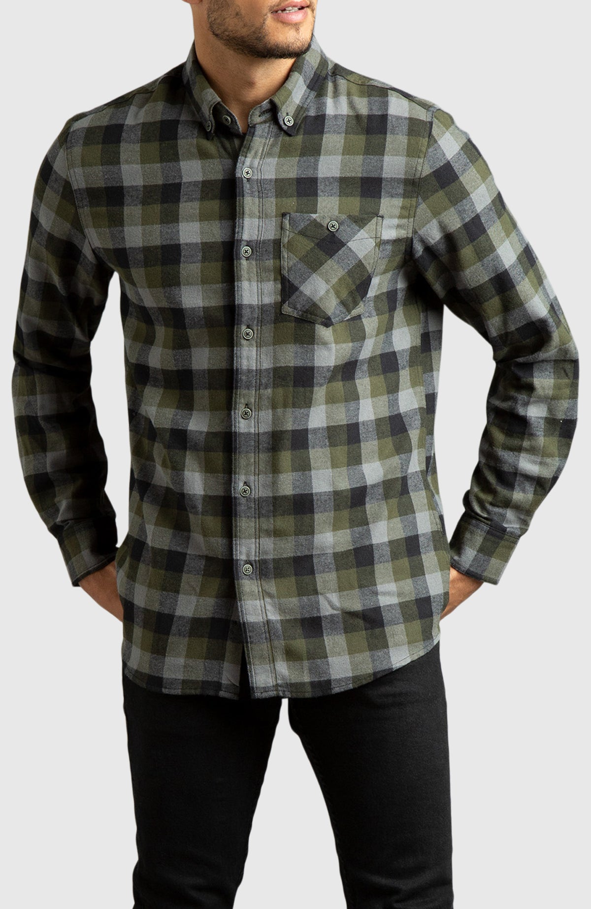 Green & Black Plaid Flannel Shirt for Men - Front