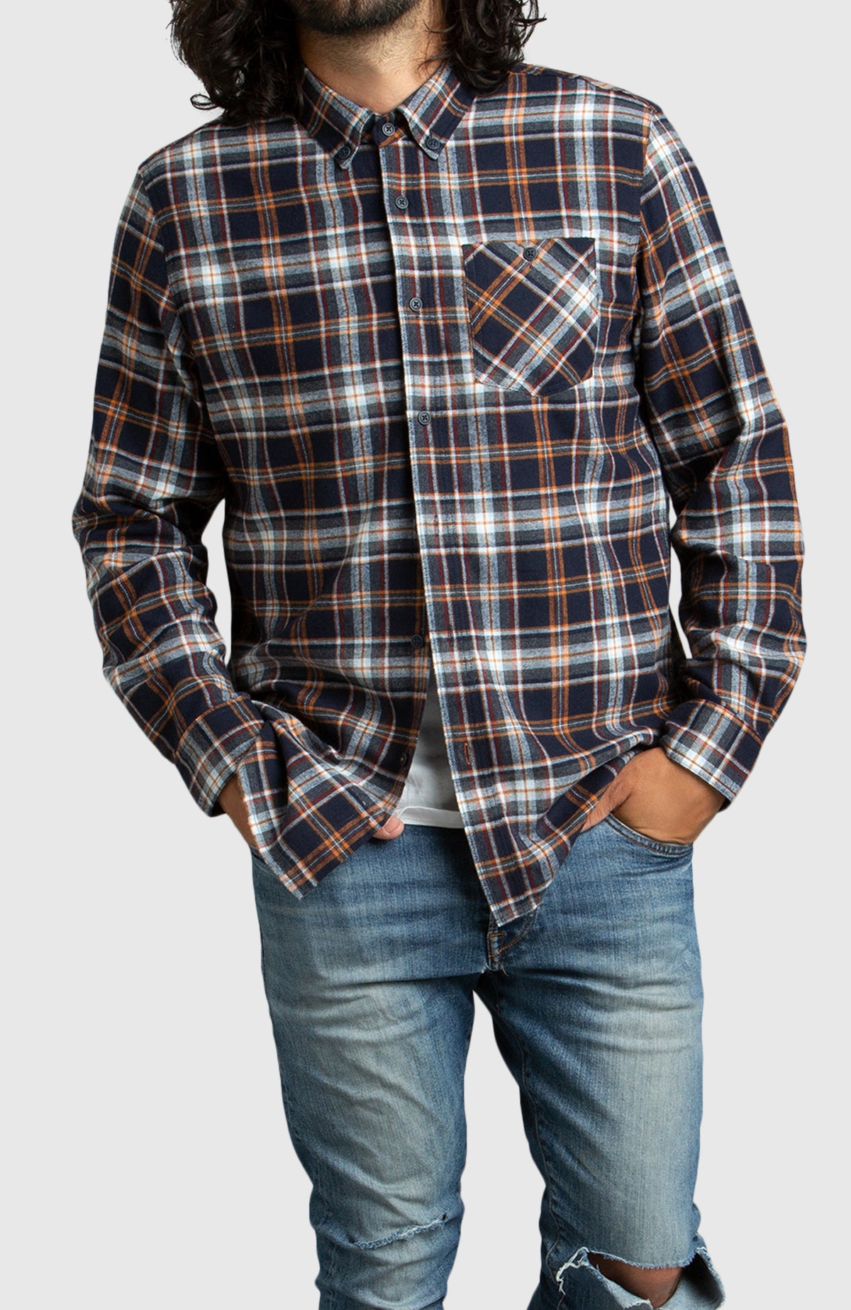 Orange & Navy Plaid Flannel Shirt for Men - Front