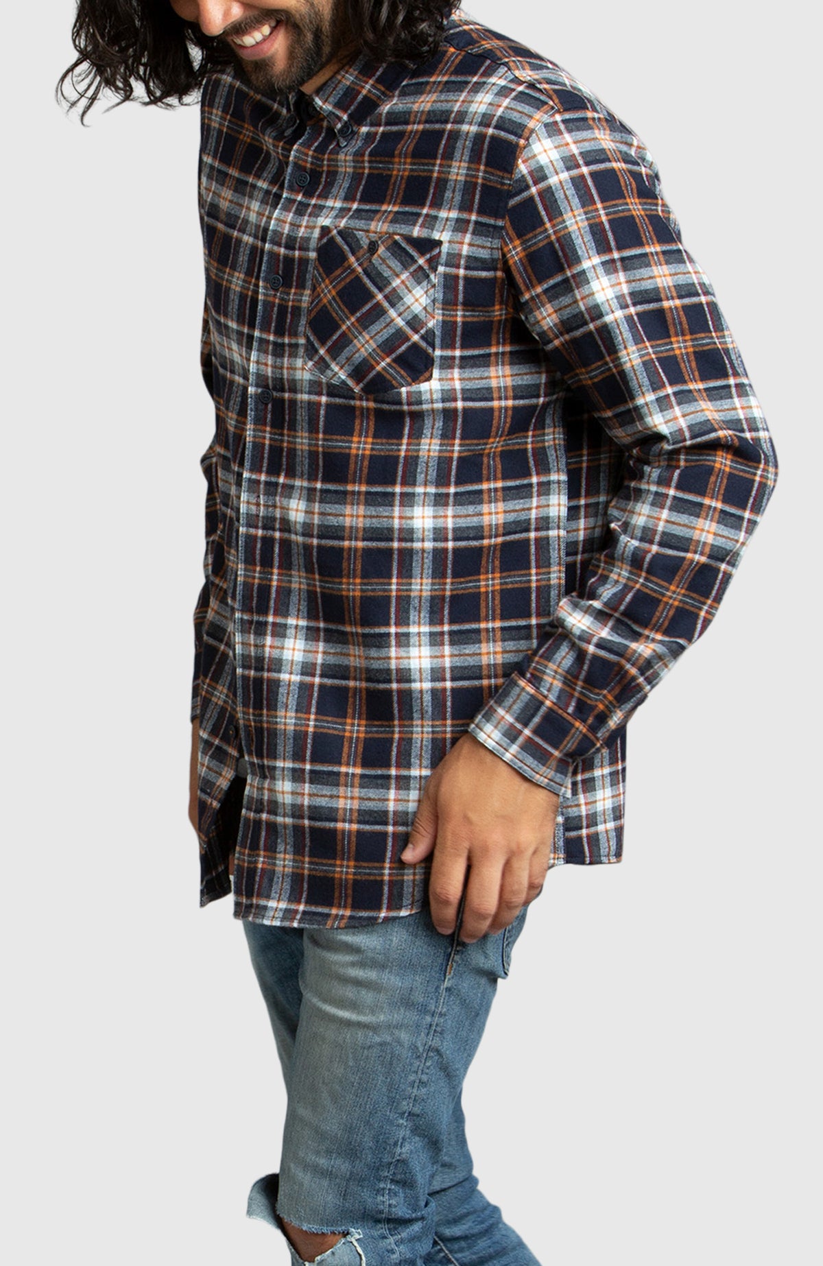 Orange & Navy Plaid Flannel Shirt for Men - Side