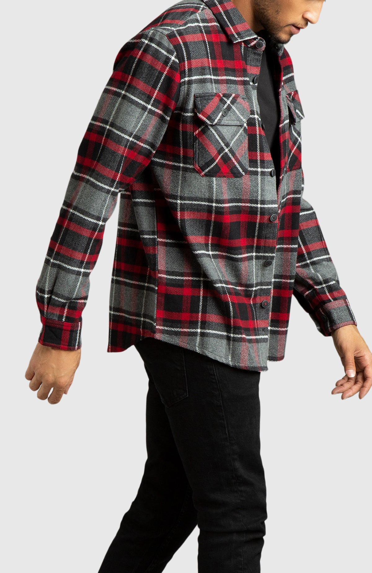 Red Herringbone Plaid Overshirt for Men - Side