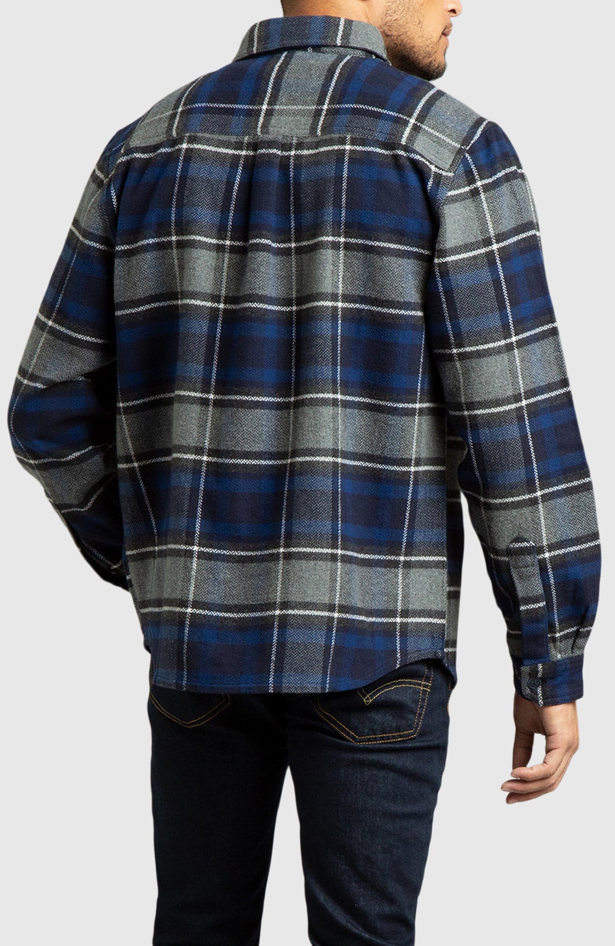 Blue Herringbone Plaid Overshirt for Men - Back