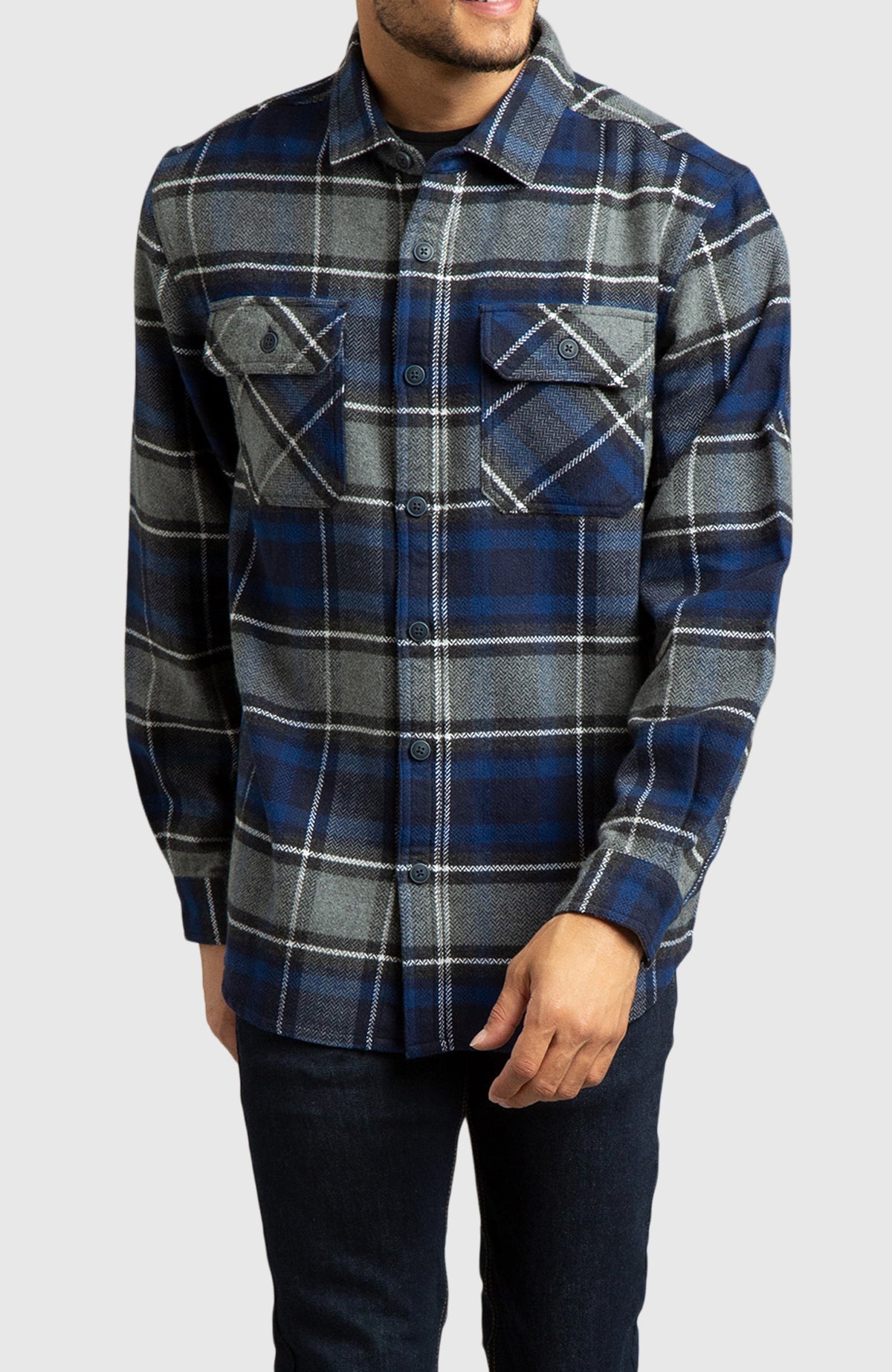 Blue Herringbone Plaid Overshirt for Men - Front