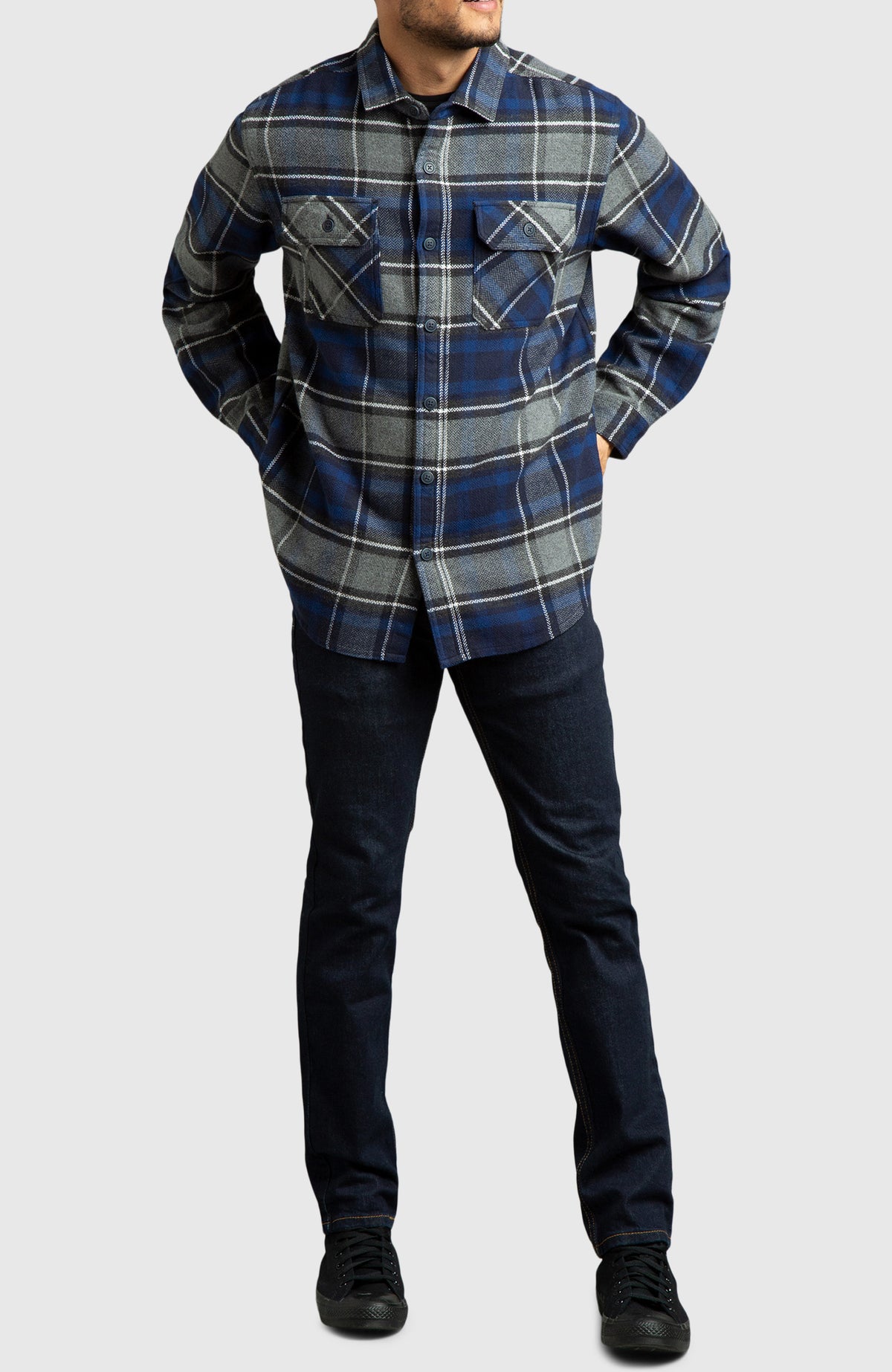 Blue Herringbone Plaid Overshirt for Men - Full