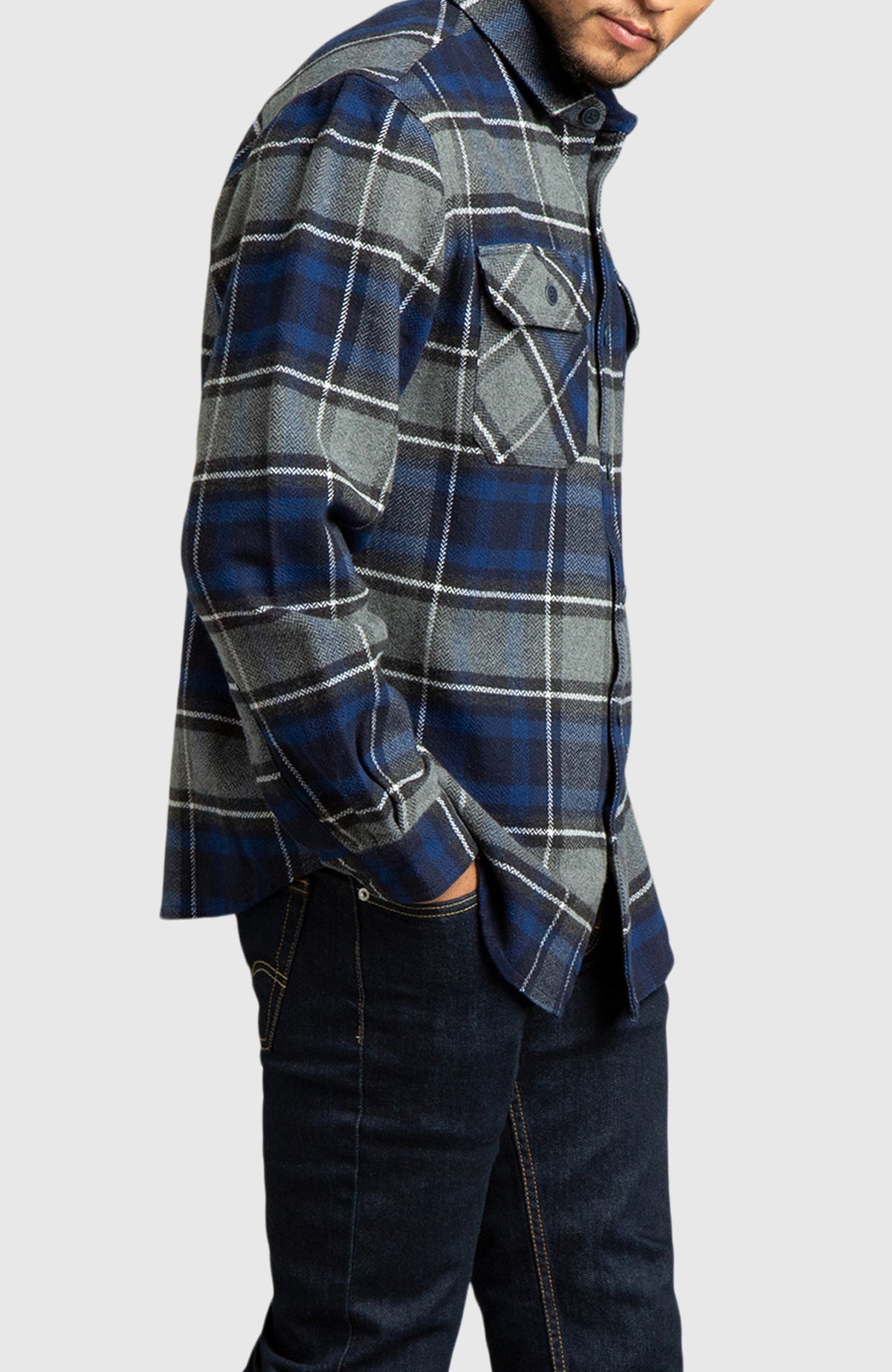 Blue Herringbone Plaid Overshirt for Men - Side