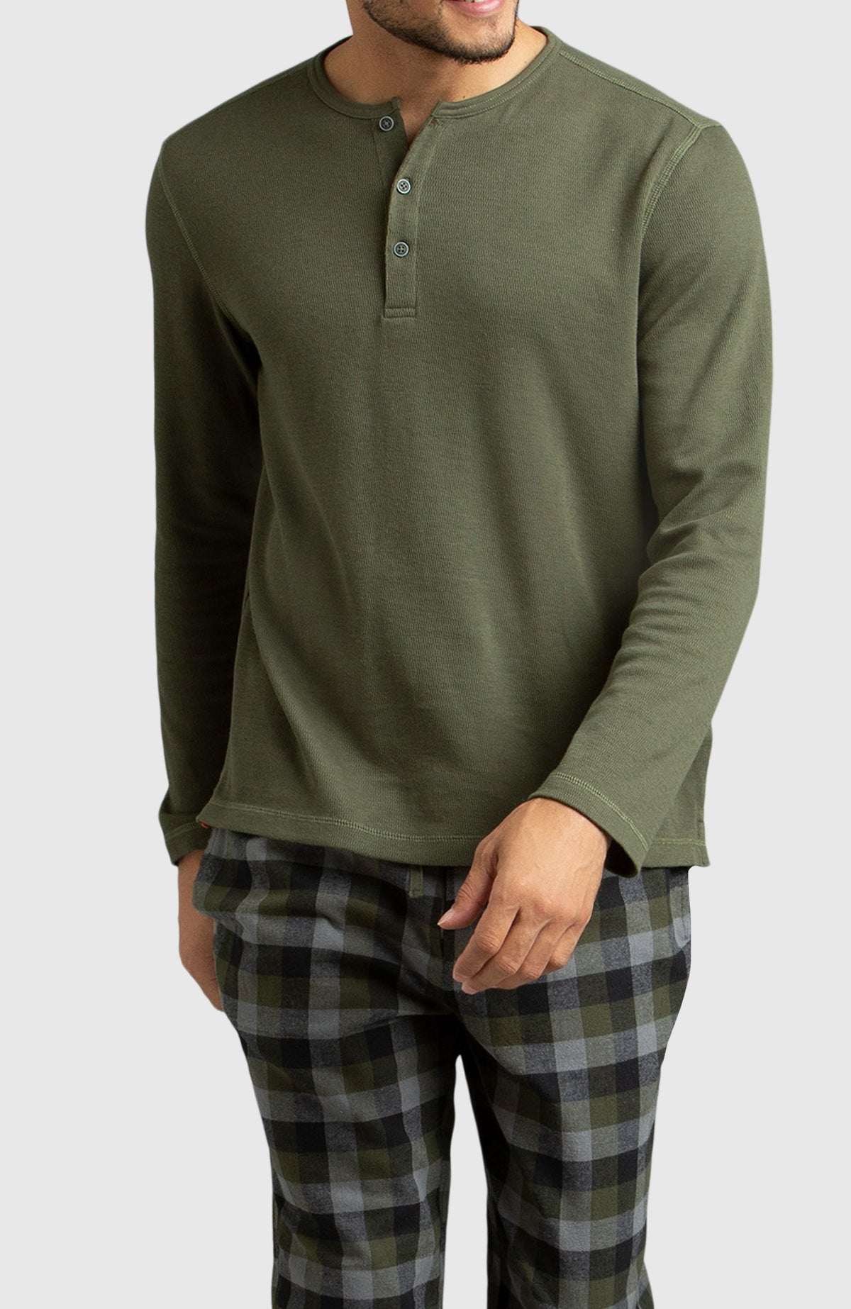 Army Green Waffle Henley Shirt for Men - Front