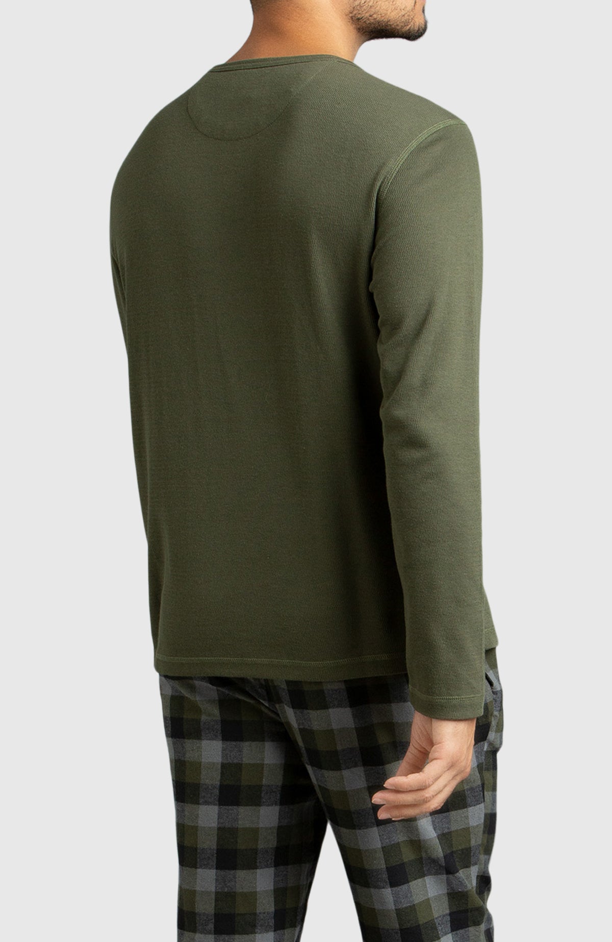 Army Green Waffle Henley Shirt for Men - Side