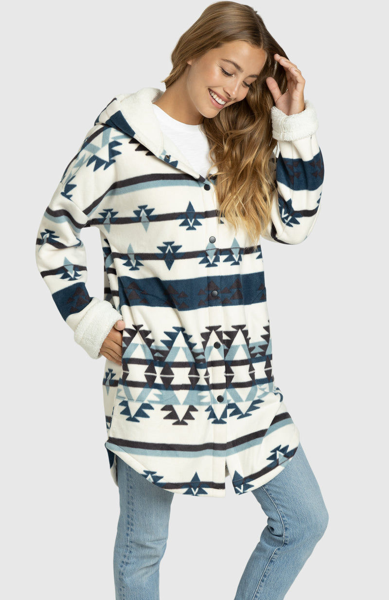 Glacial Blue Aztec Oversized Hooded Jacket for Ladies - Side